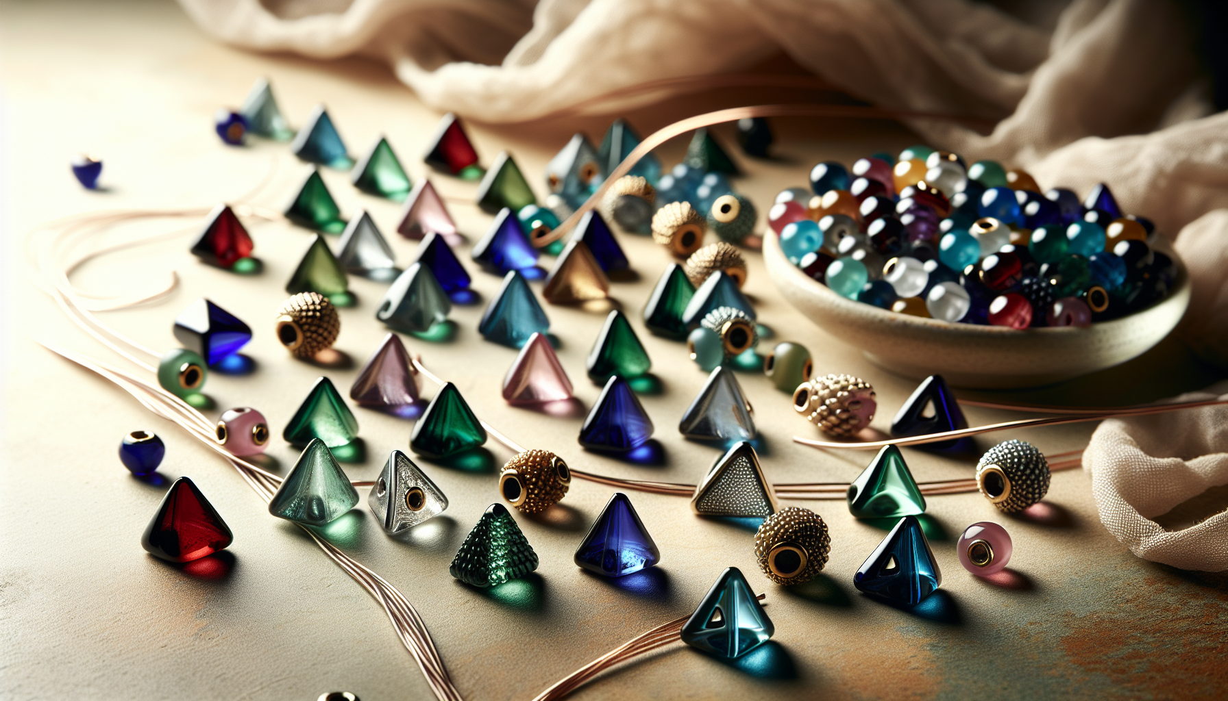 Elegant close-up of colorful CzechMates Triangle beads for jewelry making, featuring emerald, sapphire, ruby, and gold glass on a neutral background.