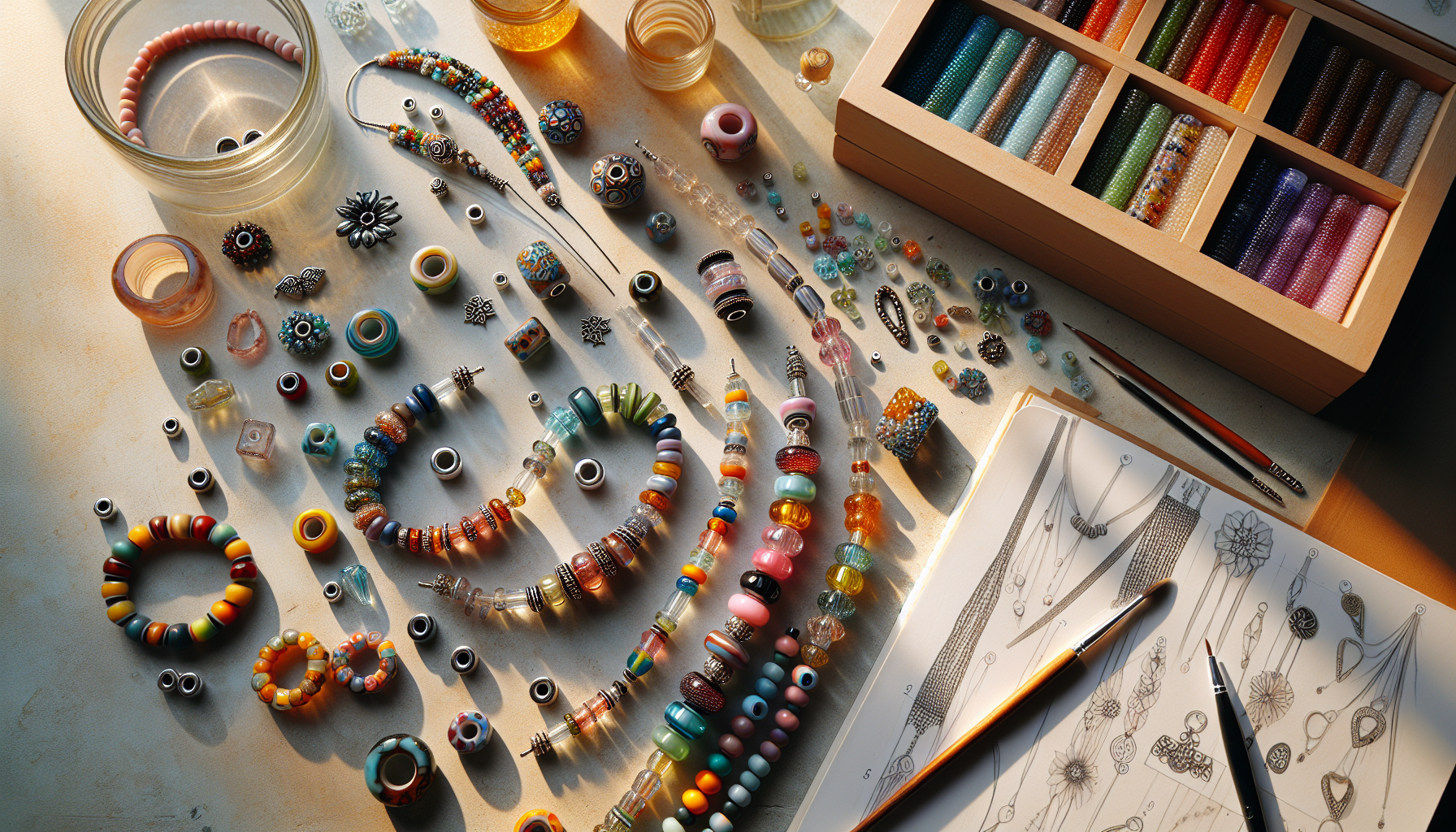 Close-up of a jewelry designer's workspace with colorful Matubo Czech glass beads, beading tools, and intricate handmade necklaces on a neutral table.