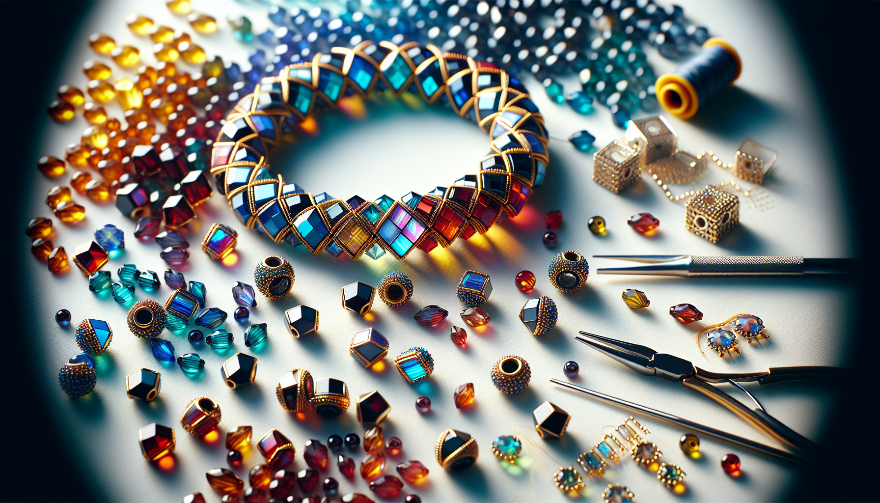 Close-up of colorful Matubo Gemduo beads and partially made DIY jewelry on white background with beading tools, ideal for jewelry making blogs.