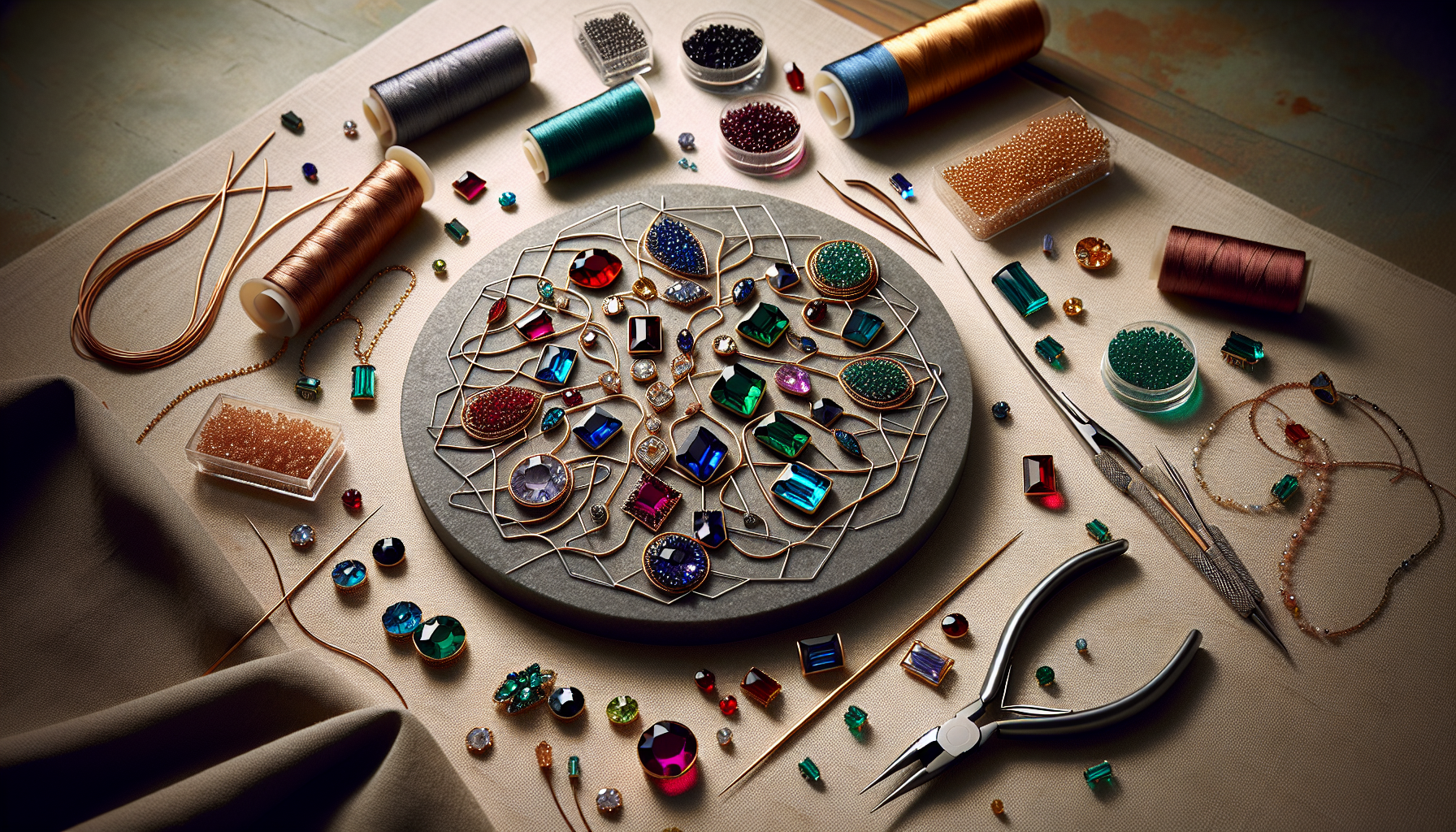 Flat-lay of vibrant Matubo Mini Gemduo beads in jewel tones, arranged on jewelry wire with tools on a neutral tabletop for beading.