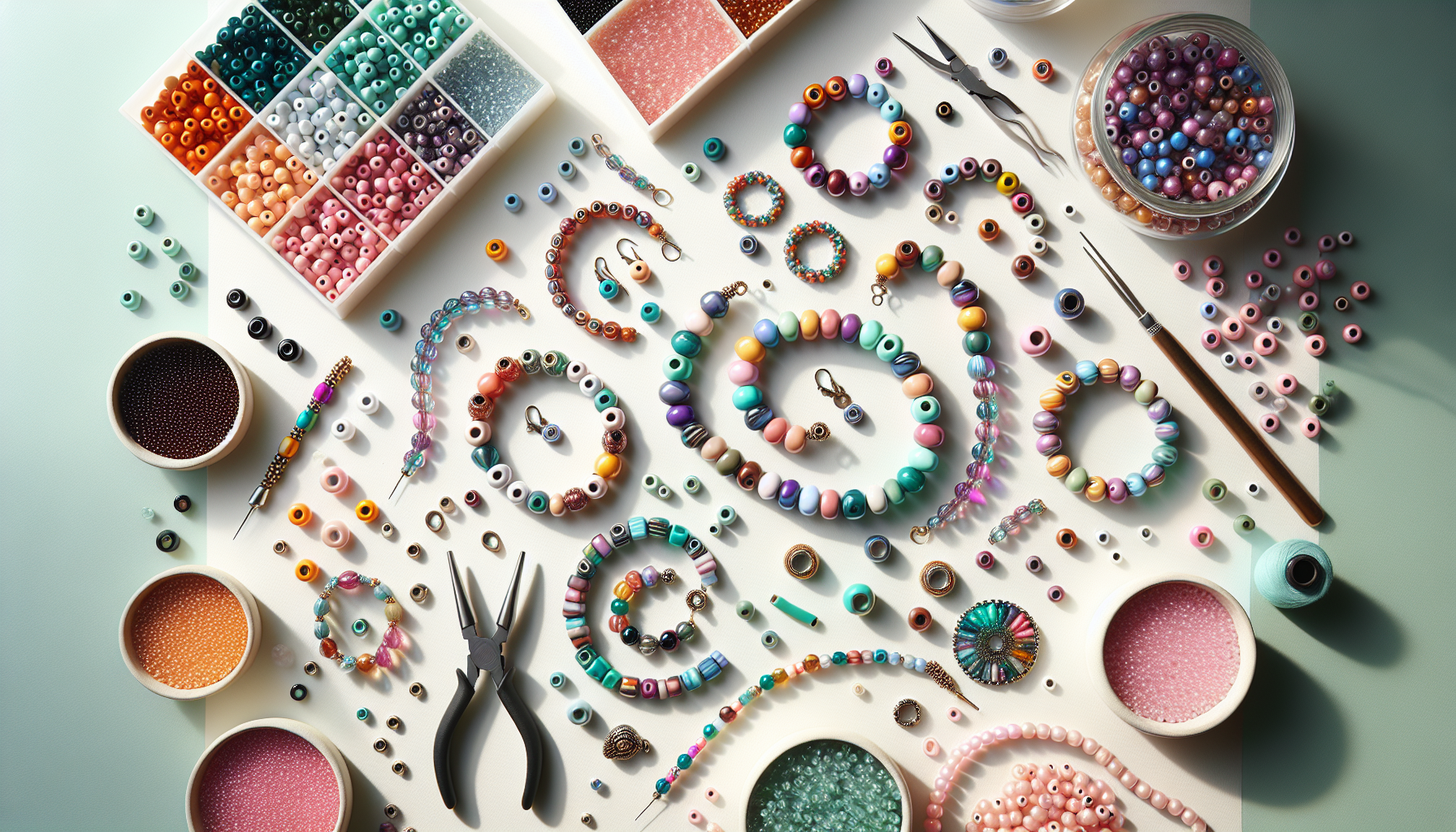 Flat lay of colorful Matubo SuperDuo beads, handmade jewelry pieces, and tools on white background, perfect for jewelry-making inspiration.