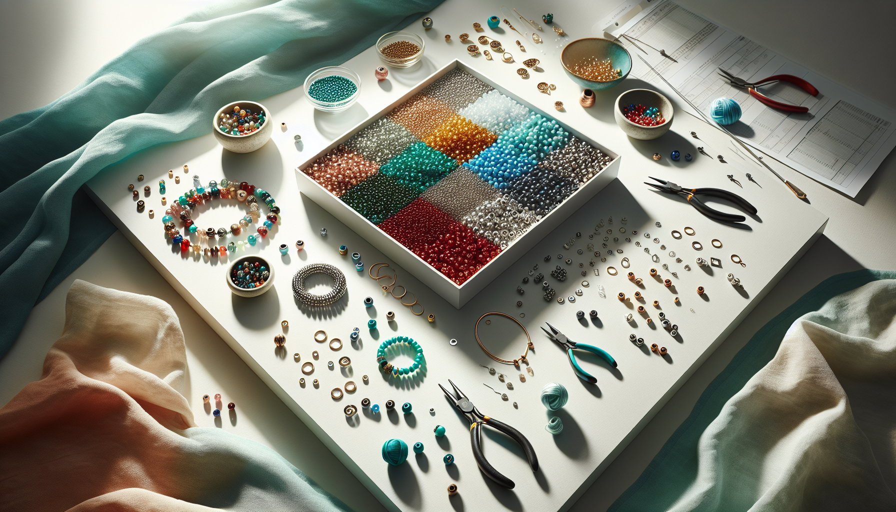 Flat-lay of colorful Matubo miniDUO beads, handmade jewelry pieces, and tools on white background, highlighting double-hole bead design.