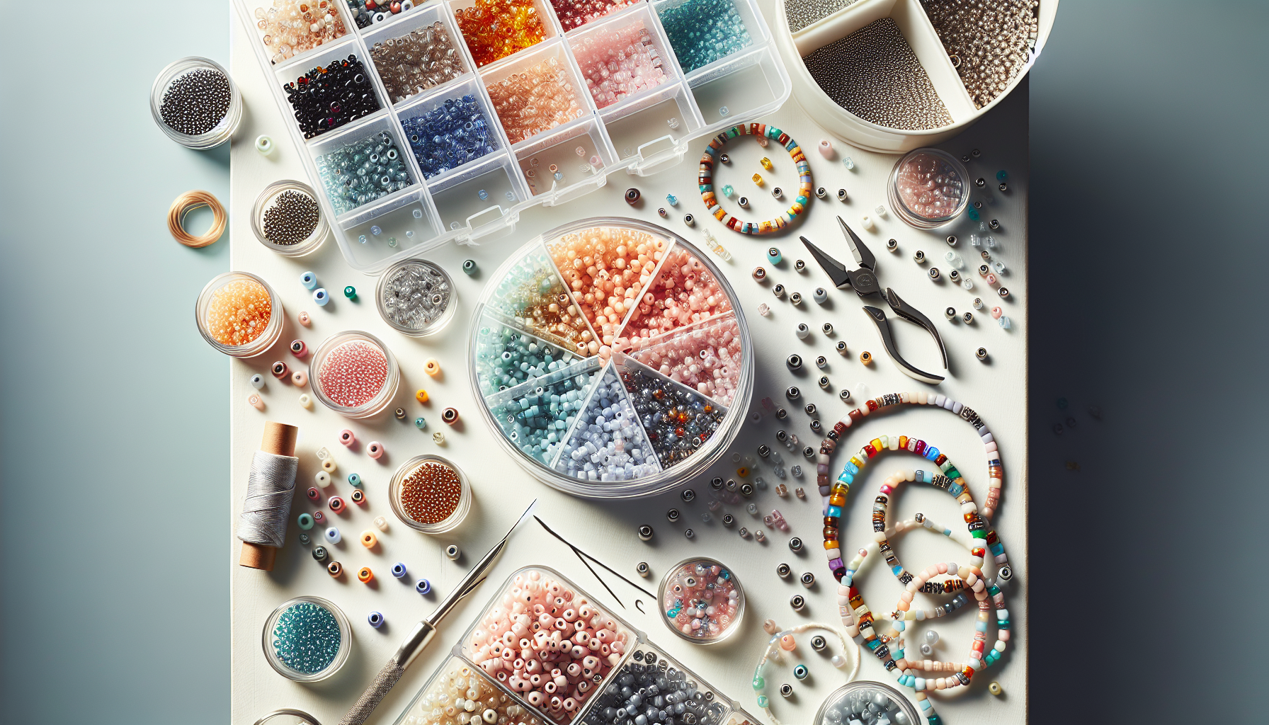 Colorful Matubo 10/0 glass beads in clear containers with beading tools and a stylish beaded bracelet on a clean Swedish craft workspace.