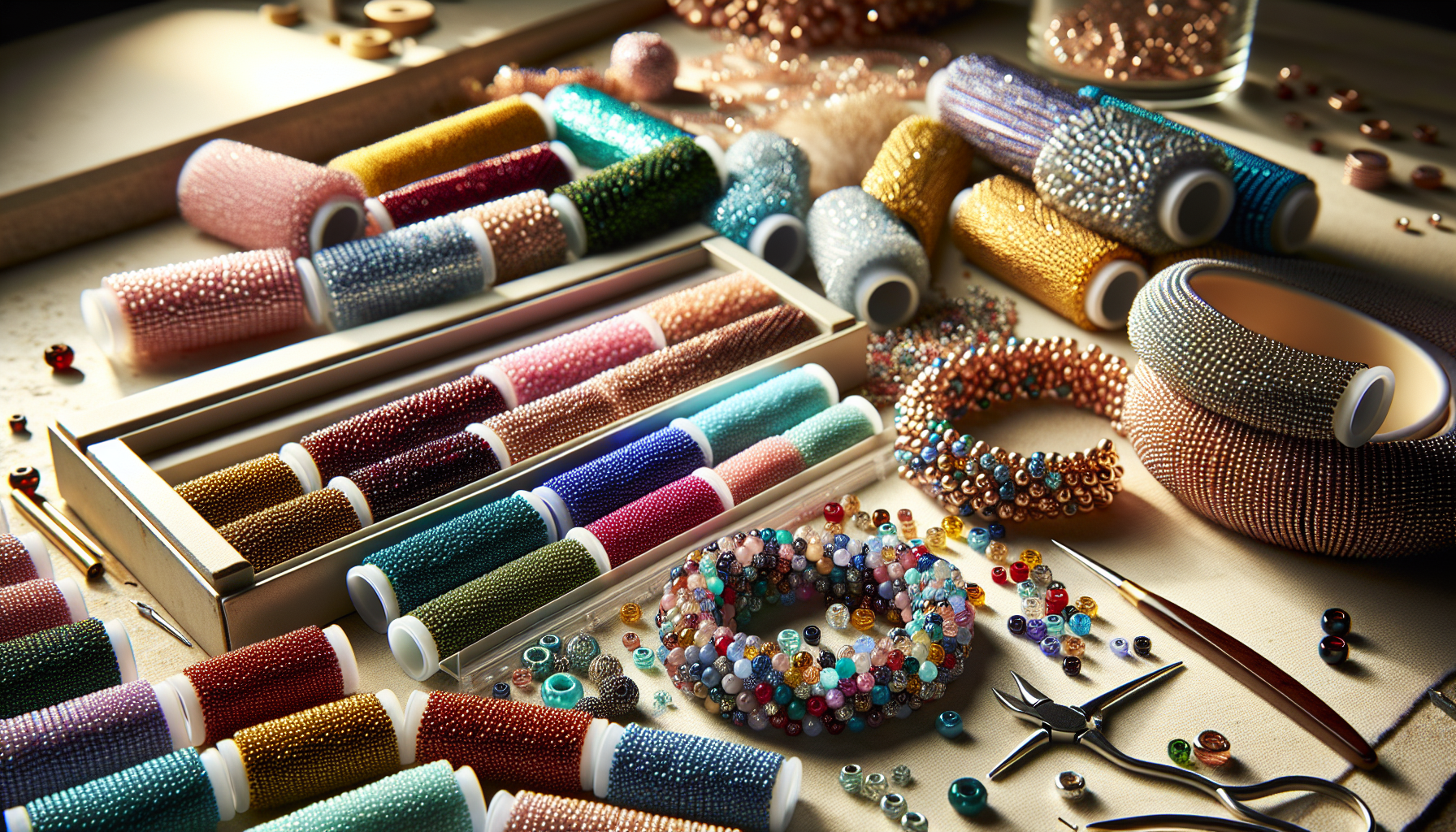 Close-up of colorful Matubo Seed Bead 8/0 tubes, handmade jewelry, and beading tools on a neat Swedish jewelry workspace.