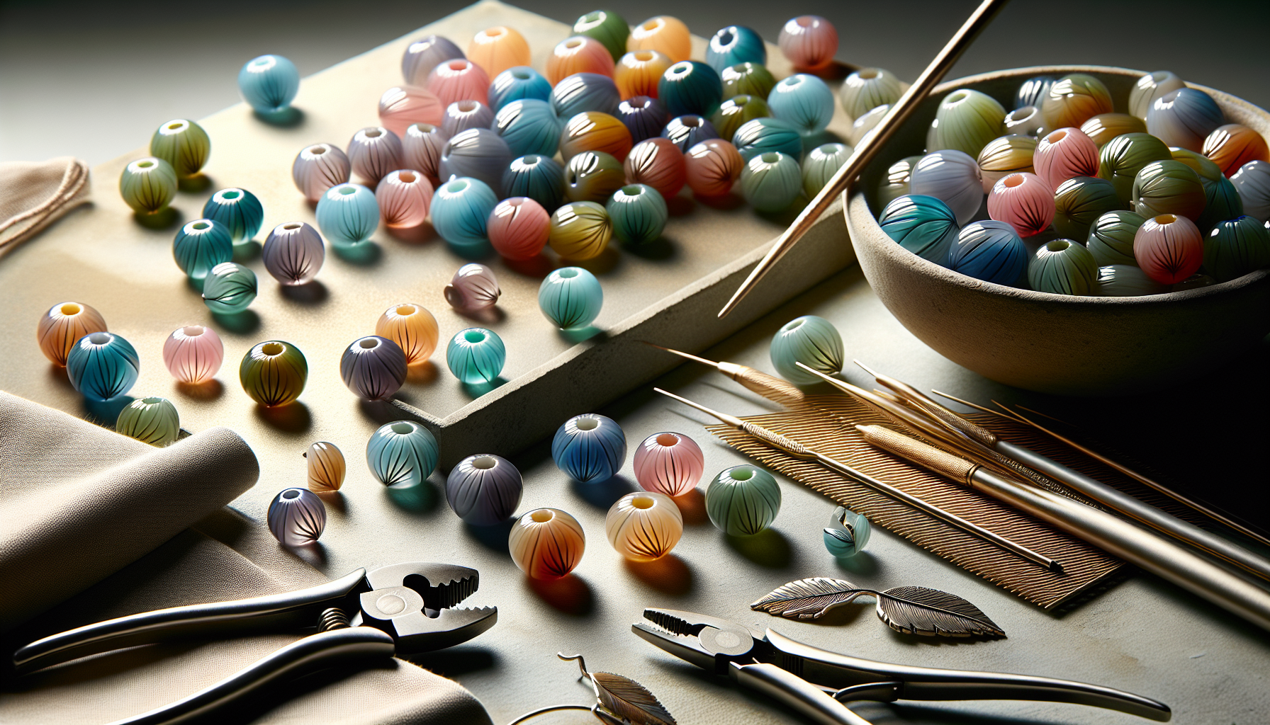 Close-up of vibrant Matubo Ginko glass beads and tools on a neutral background, perfect for Swedish jewelry makers and beading inspiration.