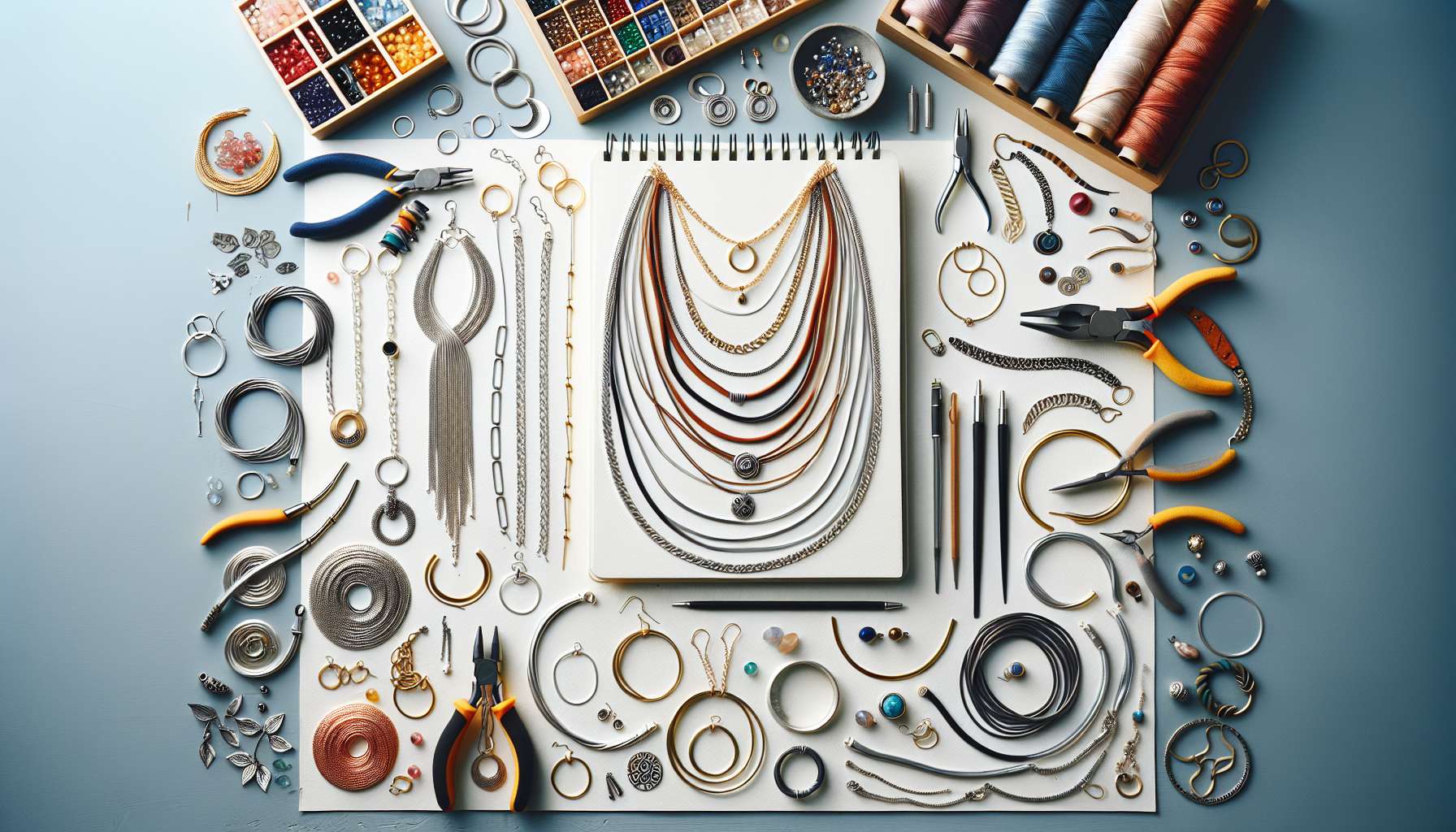 Halsbandsstommar - Flat lay of assorted necklace bases, beads, and jewelry-making tools on a light background, showcasing creative DIY jewelry design inspiration.