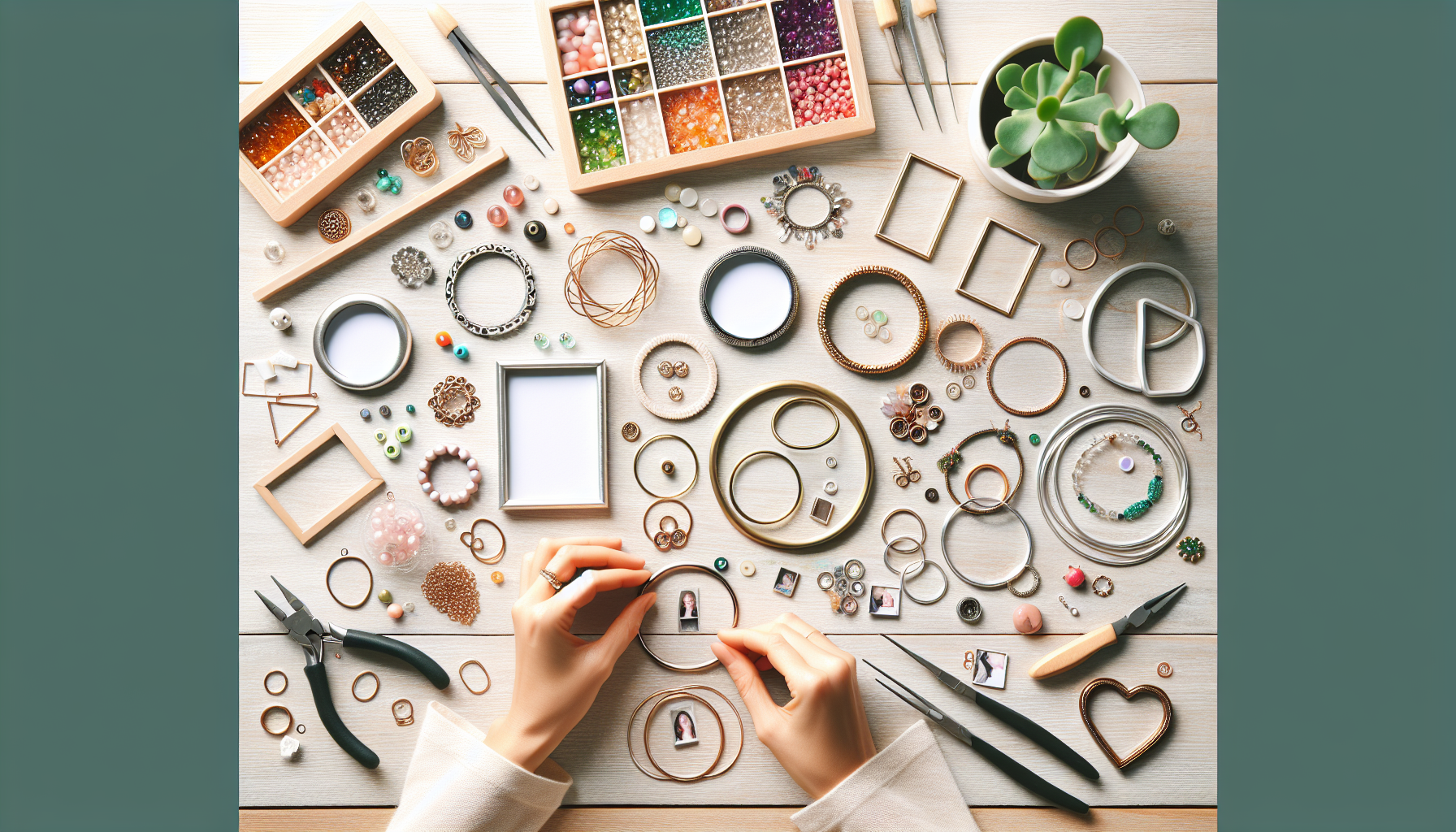 Ramar smyckestillverkning – Skapa personliga smycken med rätt komponenter - Top-down view of a bright jewelry-making workspace with empty frames, beads, gemstones, tools, and a photo being placed in a custom pendant.