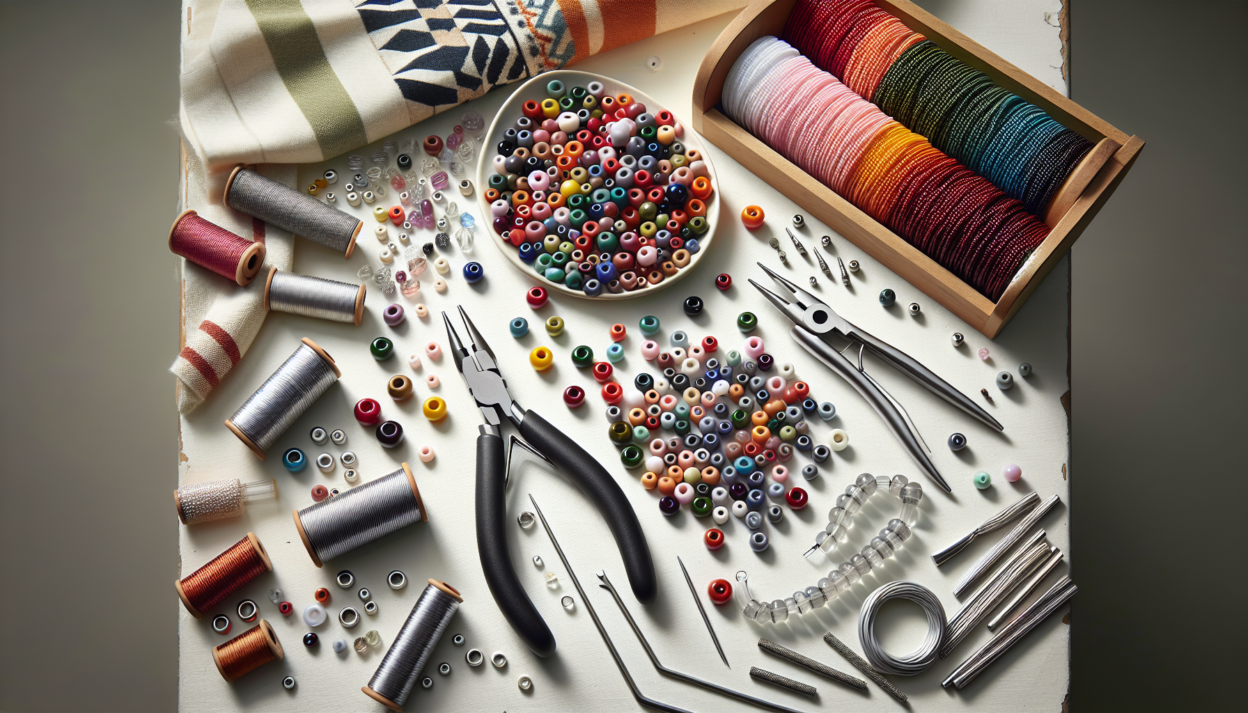 Matubo Rulla – Den moderna pärlan som lyfter dina smyckesprojekt - Flat lay of colorful Matubo Rulla beads, jewelry tools, and a bracelet on white background with Swedish-inspired minimalist design accents.