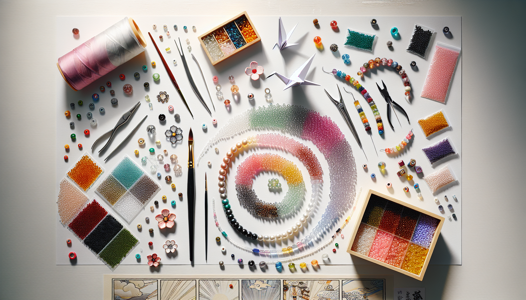 Miyuki – Pärlor, kvalitet och kultur i världsklass - Flat lay of Miyuki seed beads, beading tools, origami crane, manga strip, and finished bracelet on white background, showcasing Japanese craftsmanship.