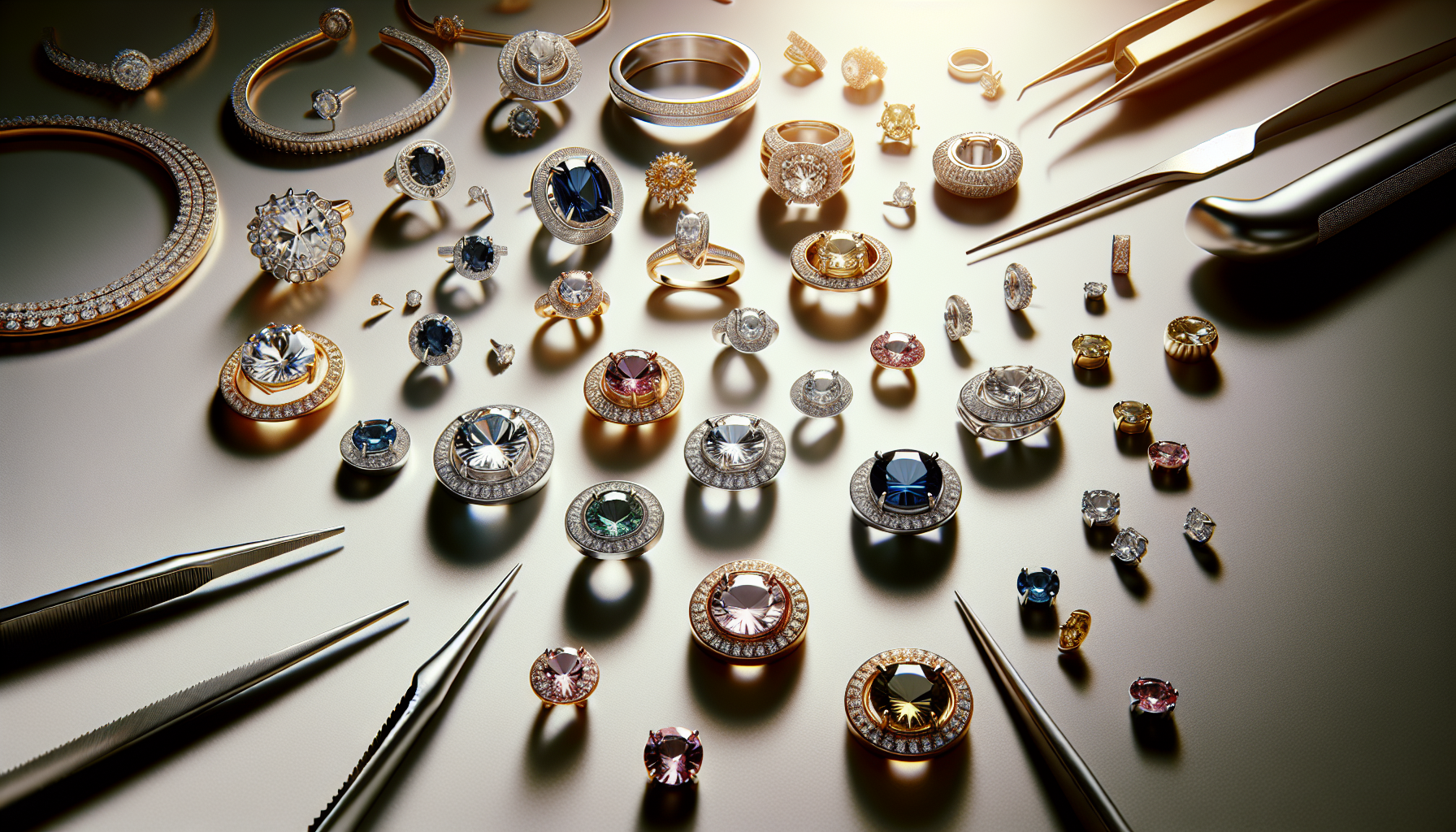 Infattningar Smyckestillverkning - Assorted gold, silver, and rose gold jewelry settings with gemstones, tools, and bright lighting on a neutral background for jewelry-making guide.