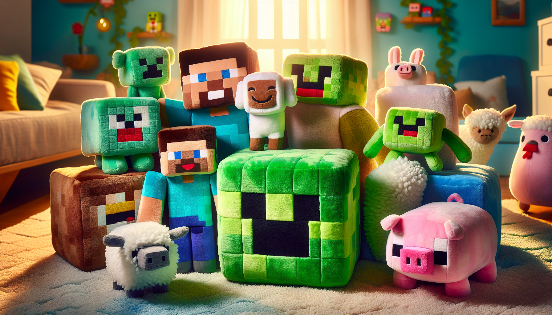 Group of Minecraft gosedjur —including Steve, Creeper, TNT, sheep, and pig—arranged on a cozy bed with soft, natural lighting.