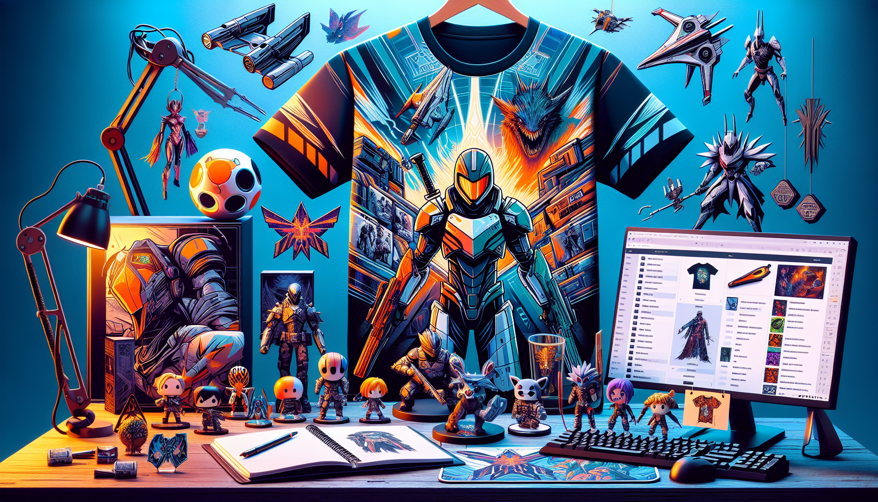 Borderlands merchandise collection with action figures, pins, keychains, t-shirts, and replica weapons on a colorful, cel-shaded desktop display.