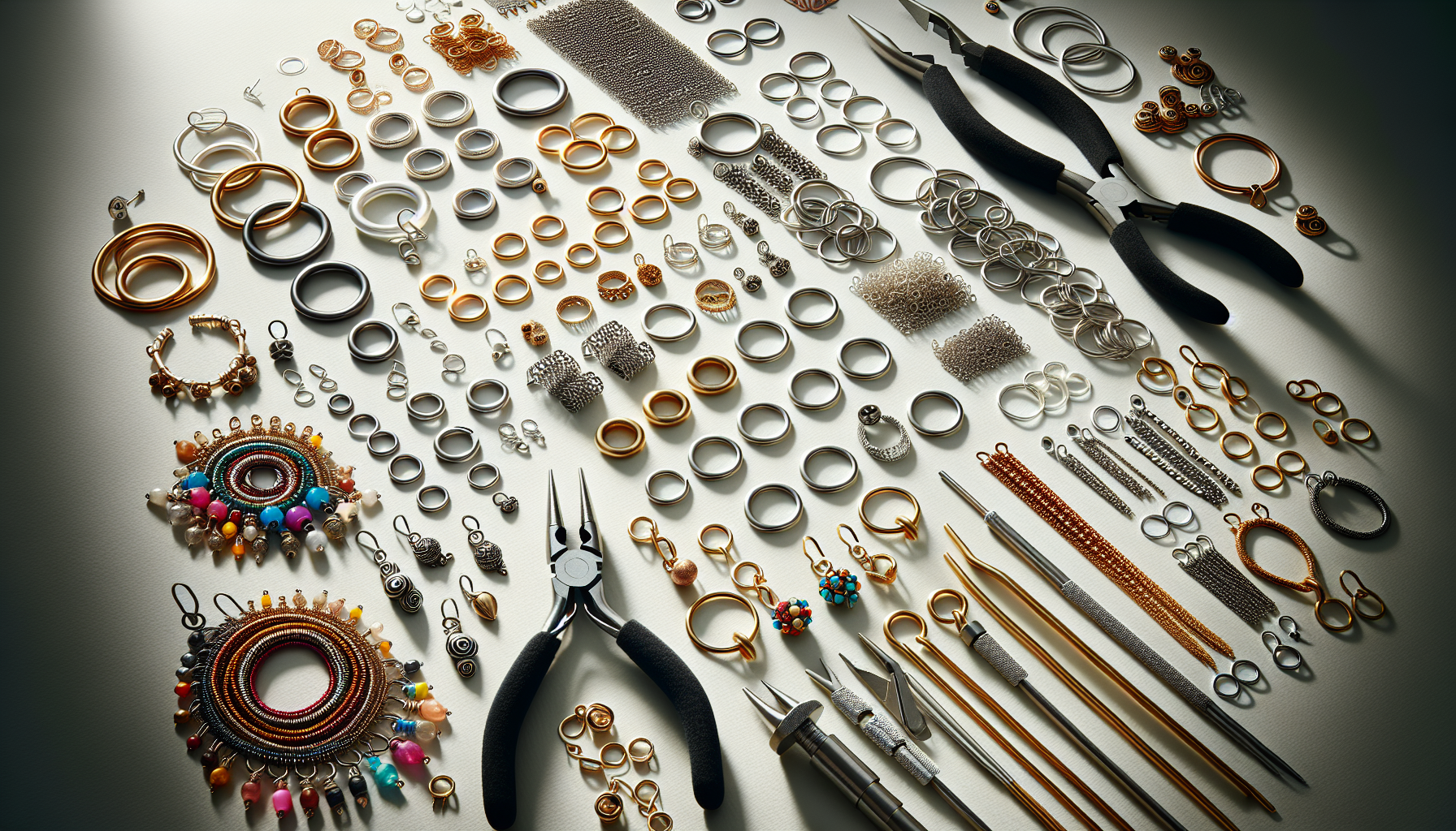 Motringar och Bindringar - Assorted silver, gold, and copper jump rings with pliers and beaded jewelry pieces on white background for jewelry-making guide.