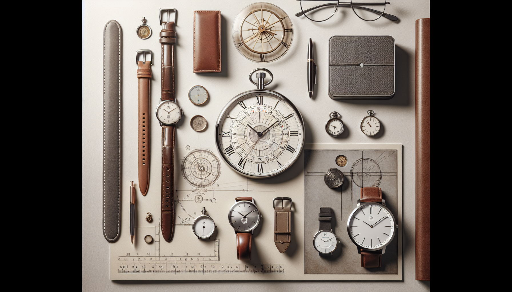 Flat-lay of classic wristwatch, modern smartwatch, minimalist wall clock, sundial outline, and lifestyle items on a neutral background.