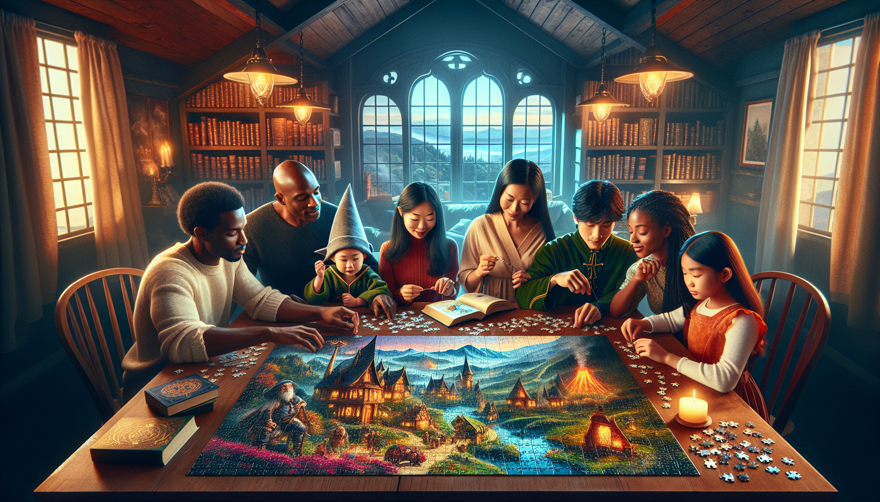 Lord of the Rings pussel - Family assembling a Lord of the Rings jigsaw puzzle on a wooden table, featuring a vibrant Middle-Earth landscape in a cozy, book-filled home.