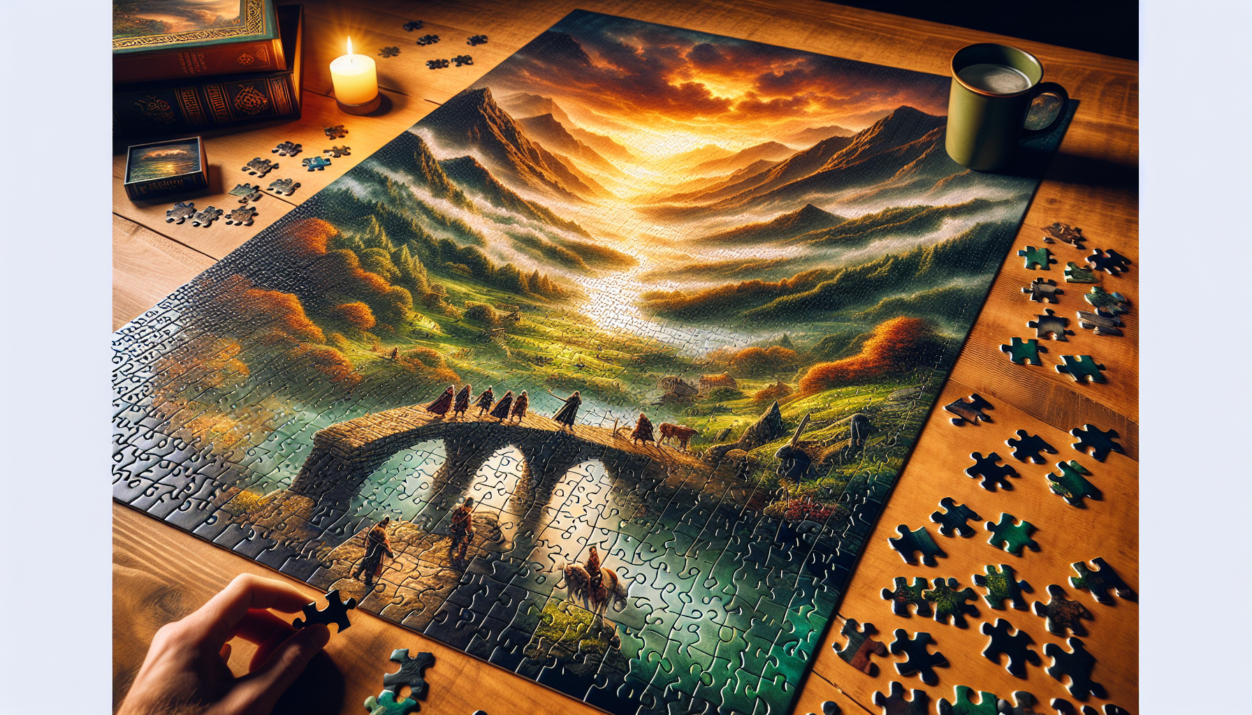 Sagan om ringen pussel - Photo-realistic jigsaw puzzle of Middle-earth being assembled on wooden table, featuring Hobbiton, Fellowship, Misty Mountains, and warm cozy lighting.