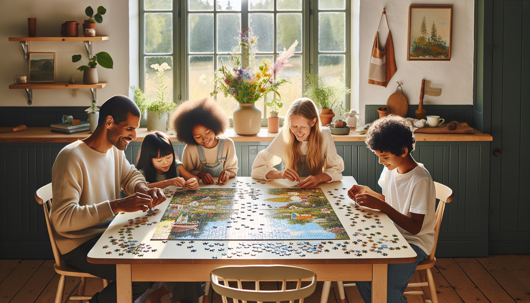 Swedish family enjoys assembling colorful Oasis pussel at sunlit wooden table, surrounded by modern Scandinavian home decor and wildflowers.