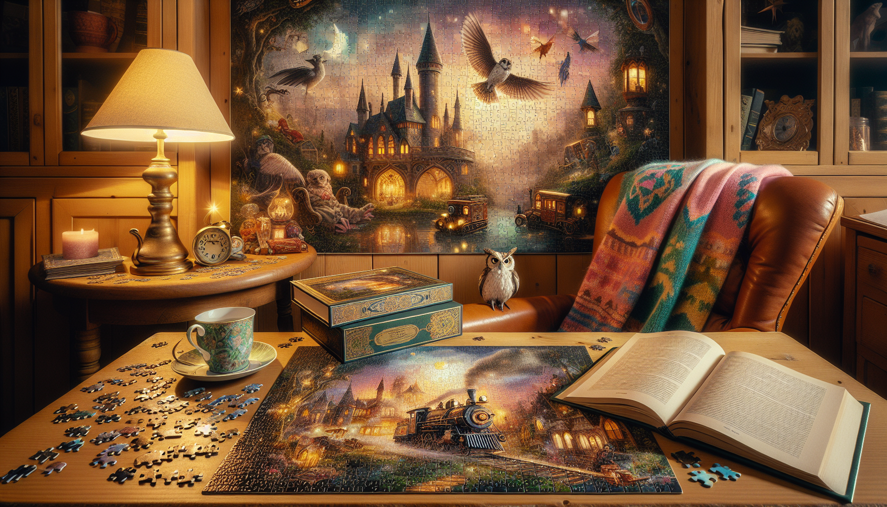 Harry Potter pussel - Cozy living room with Harry Potter jigsaw puzzle, Hogwarts castle, magical creatures, books, wand, Gryffindor scarf, and steaming mug.