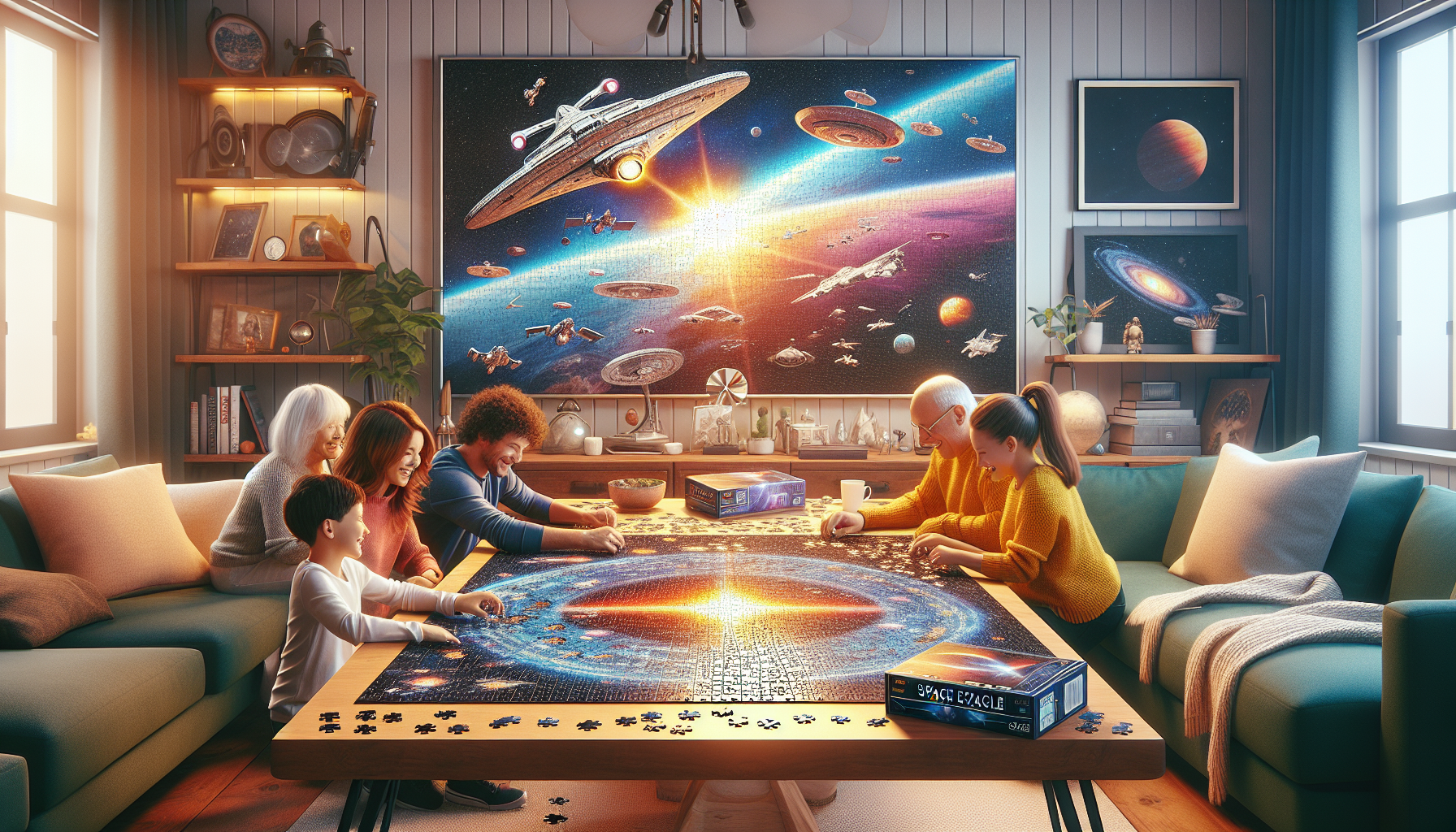 Diverse family assembling Star Wars jigsaw puzzle on wooden table in cozy living room with memorabilia, showing fun, nostalgia, and togetherness.