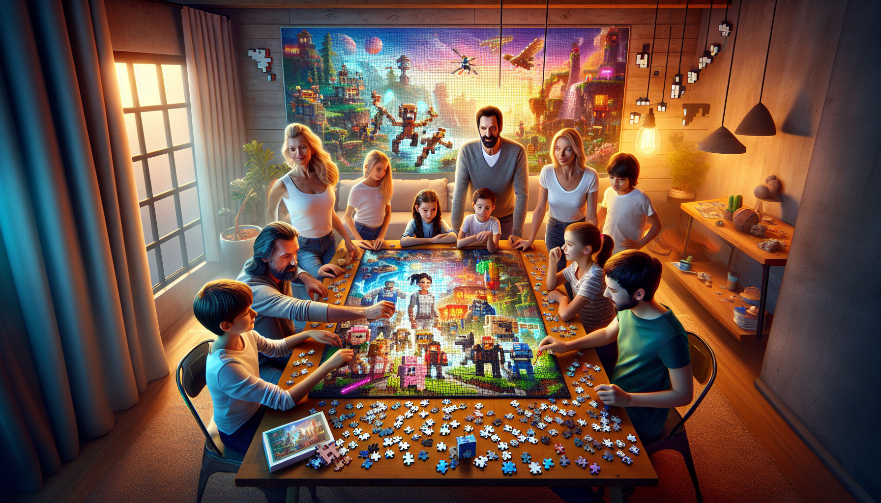 Minecraft Pussel - Family assembling Minecraft-themed jigsaw puzzle in cozy living room, with Minecraft characters and decor, fostering fun and creativity.