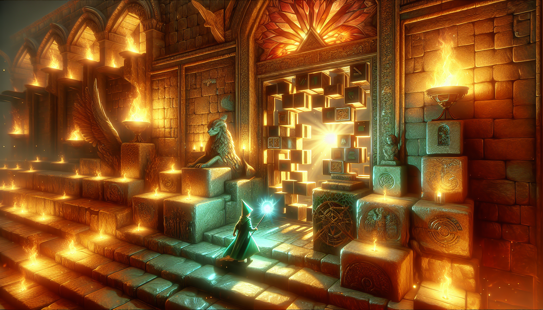 Legend of Zelda Pussel - Digital illustration of a young hero in green tunic solving a magical stone temple puzzle, inspired by The Legend of Zelda series.