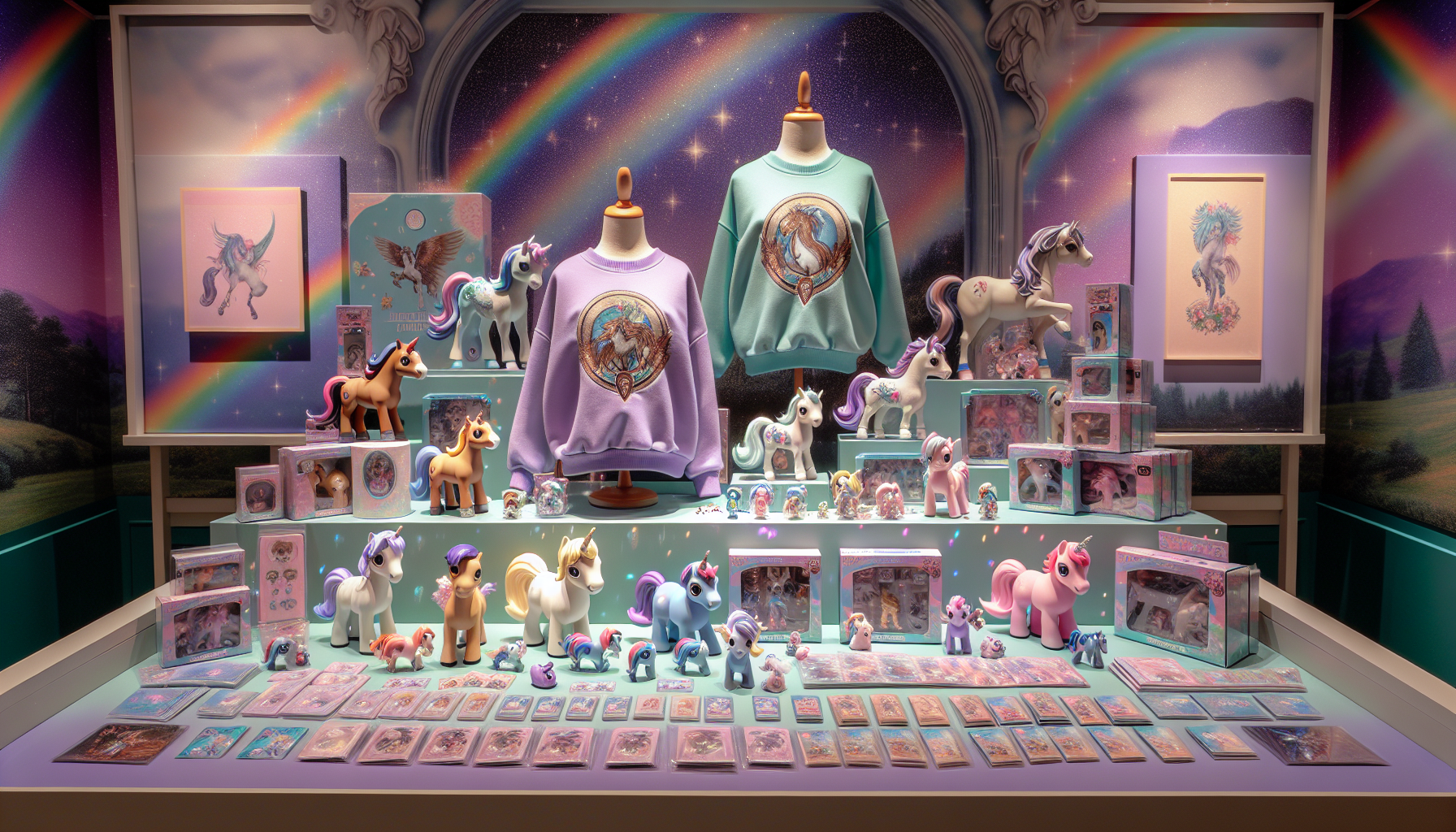 Colorful My Little Pony merchandise display with figurines, plush toys, clothing, cards, and limited-edition items on a pastel, magical tabletop.