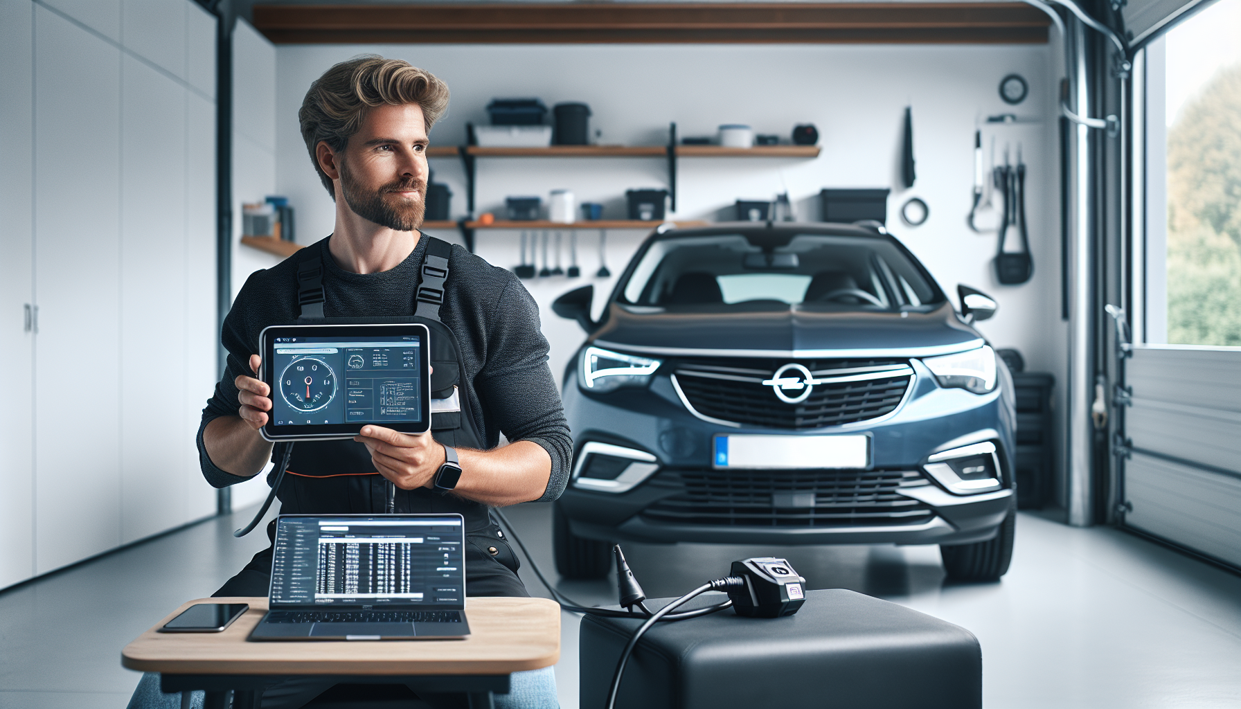 Felkodsläsare Opel - Confident Scandinavian driver using OBD2 scanner on modern Opel in bright, organized garage; laptop displays diagnostic codes, high-tech atmosphere.