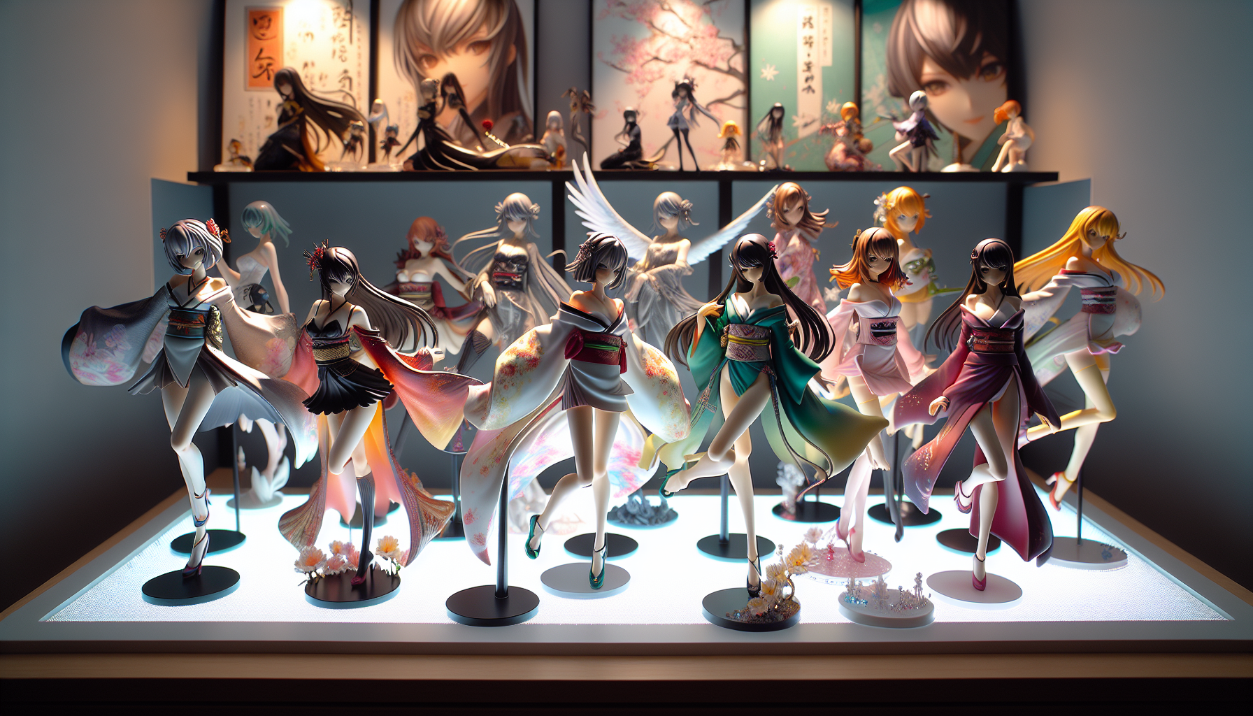 Bishoujo figurer - Professional display shelf with colorful bishoujo anime figures, dynamic poses, Japanese décor, and soft lighting for anime collectors.