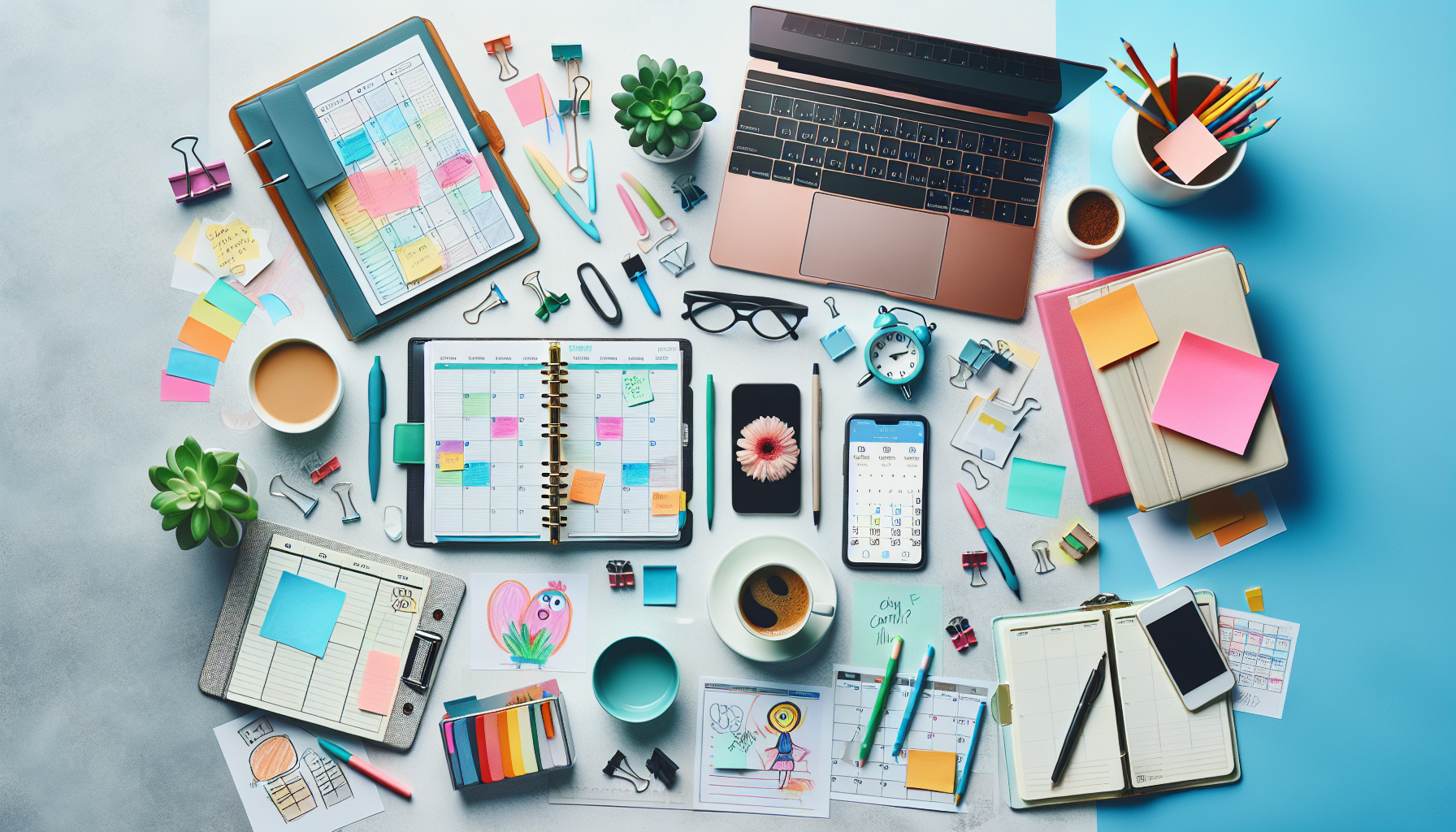 10 Organization Mistakes Busy Women Make 2 Flat lay of a busy woman’s workspace with planner, laptop, phone, coffee, folders, sticky notes, child’s drawing, and plant on a bright desk.