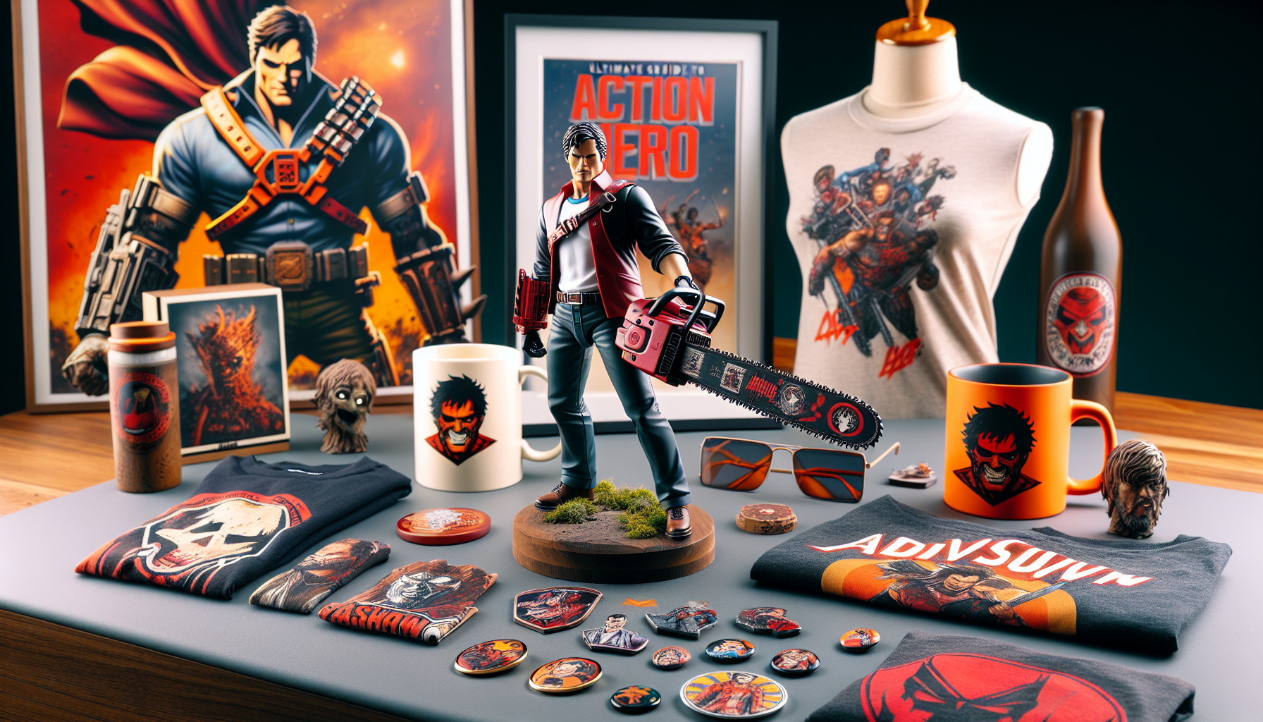 Chainsaw Man merchandise display with Denji action figure, graphic t-shirts, posters, pins, and mugs on a modern tabletop, vibrant red and black tones.