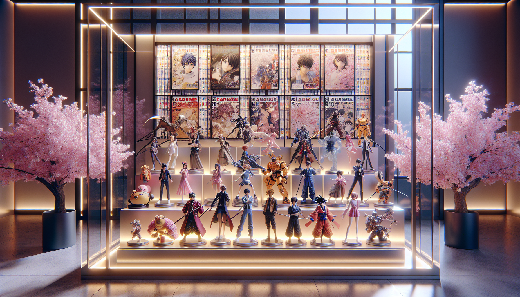 Modern display shelf featuring detailed, vibrant anime-style collectible figures with Japanese manga and cherry blossom decor, perfect for collectors.