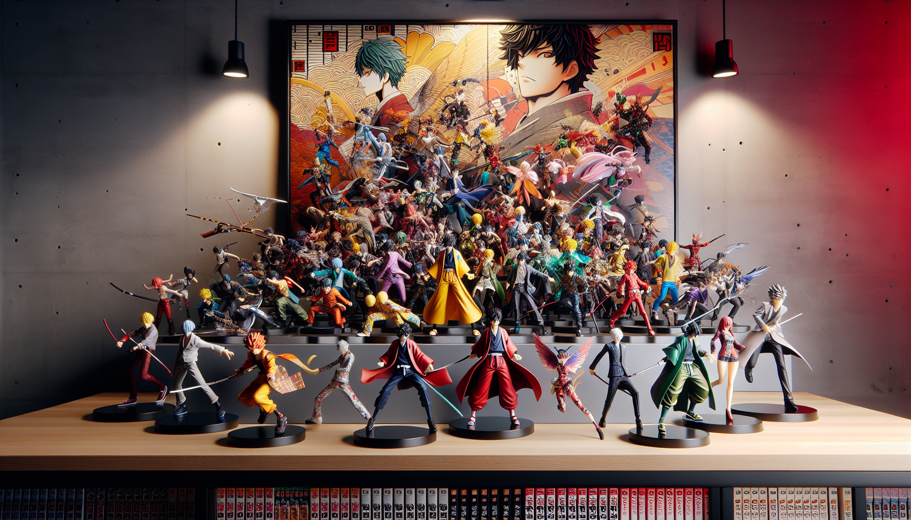 Elegant Jojo’s Bizarre Adventure figures—Jotaro, Dio, Josuke—arranged on a modern shelf with vivid poses and manga-inspired background.