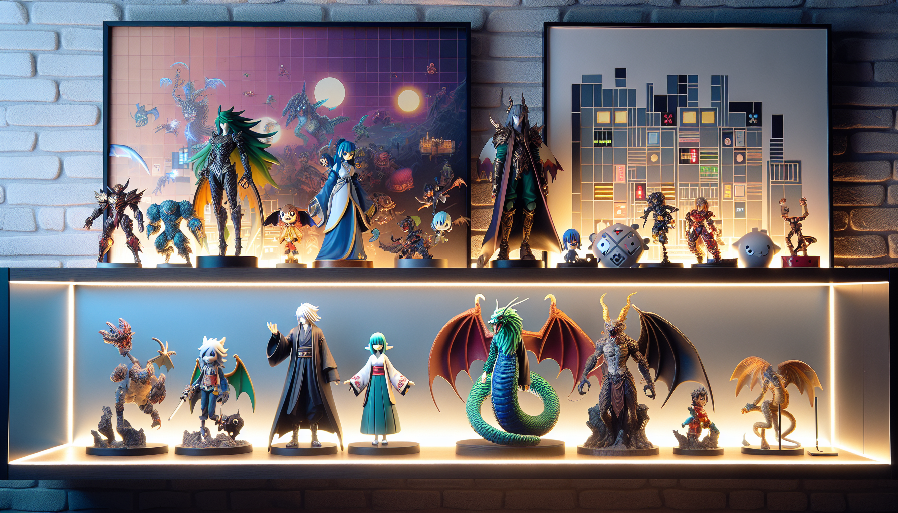 Darkstalkers figurer displayed on a collector’s shelf with LED lighting, featuring Morrigan, Felicia, Demitri, and retro gaming decor.
