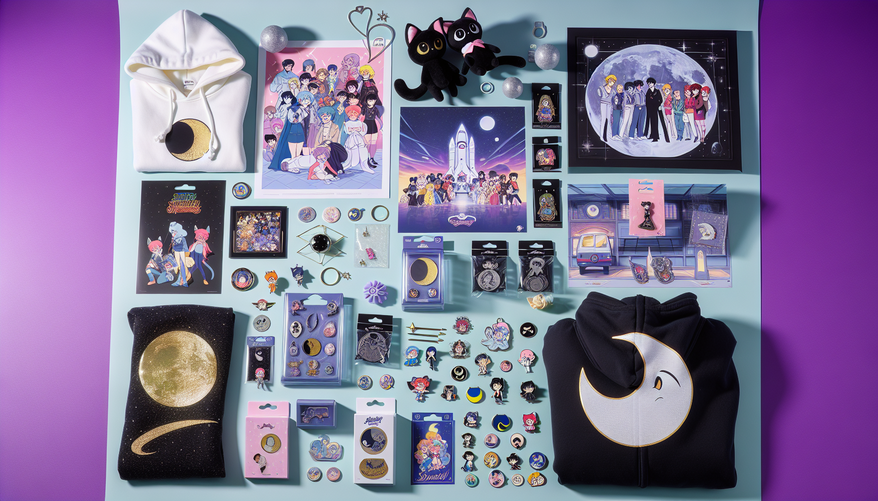 Flat-lay of Sailor Moon merchandise with anime figurines, enamel pins, apparel, trading cards, Luna plushie, and Swedish flag pin on pastel background.