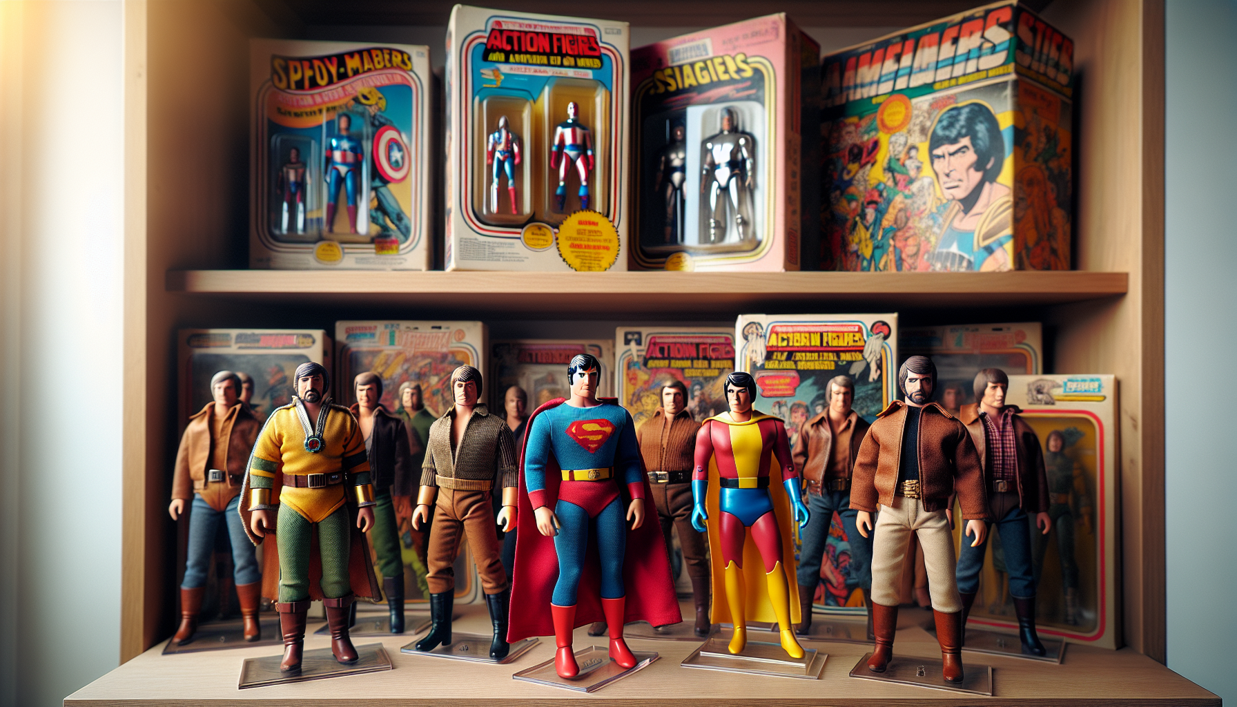 Neatly arranged 1970s MEGO action figures in vintage outfits on a wooden shelf, with retro boxes and collectibles, evoking nostalgia.