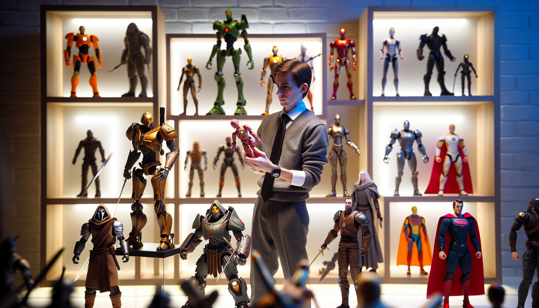 Diverse, realistic action figures from top brands on illuminated shelves, collector's hands holding one, modern background, pop culture theme.