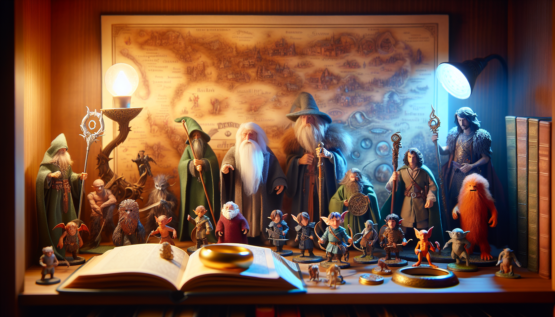 Display shelf with detailed Lord of the Rings collectible figurines, props, map, and book, highlighted by warm, magical lighting for fans and collectors.