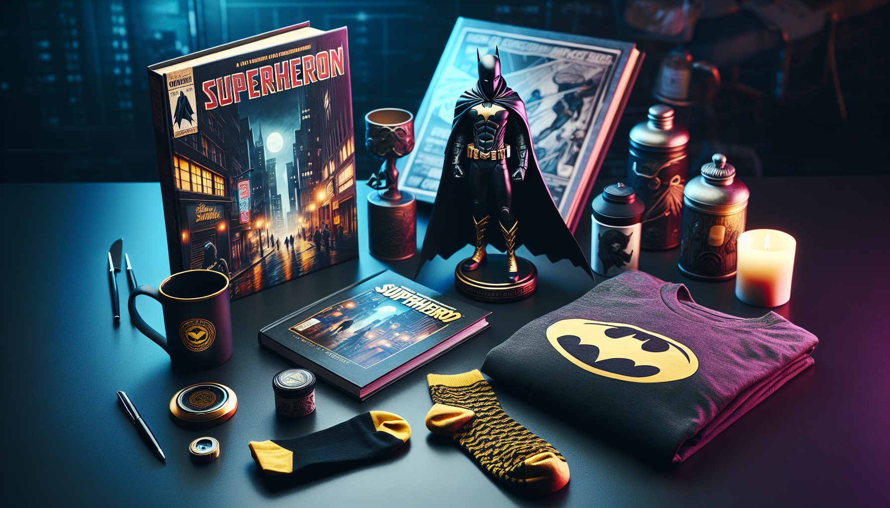 Flat-lay of authentic Batman merchandise: logo t-shirt, action figure, comic book, Bat-symbol mug, socks, and DC Comics tags on dark surface.