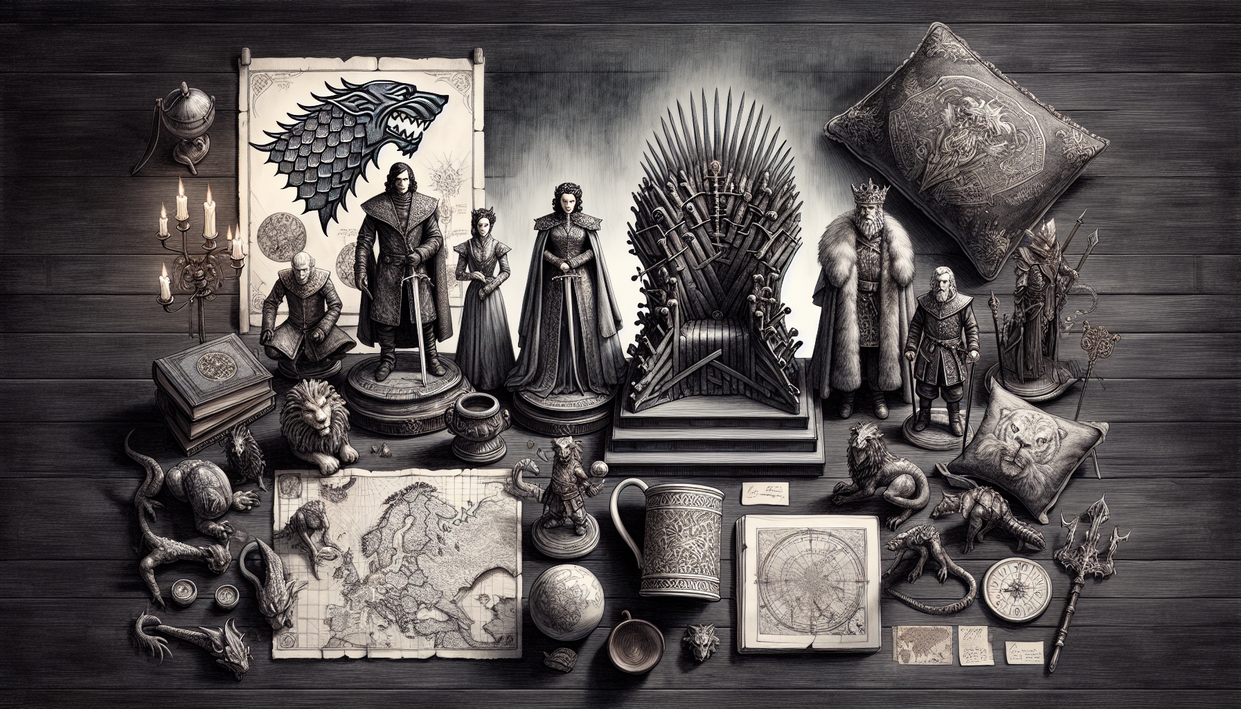 Flat lay of premium Game of Thrones merchandise with figurines, mugs, T-shirts, Iron Throne replica, Swedish flags, and dramatic lighting.