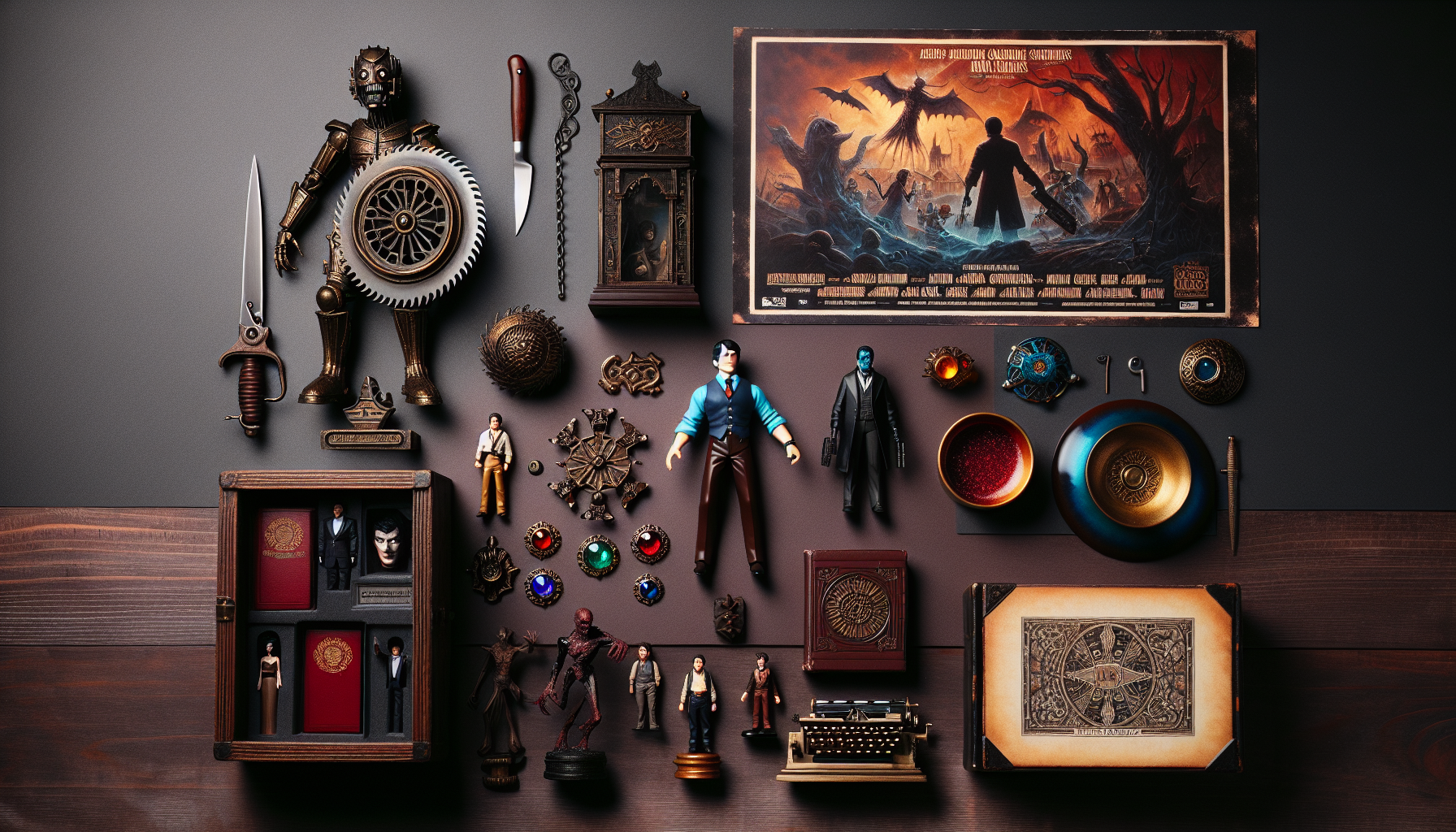 Flat lay of Army of Darkness merchandise: Ash action figure, movie poster, Necronomicon prop, pins, mugs, and mini evil deadite miniatures on wood.