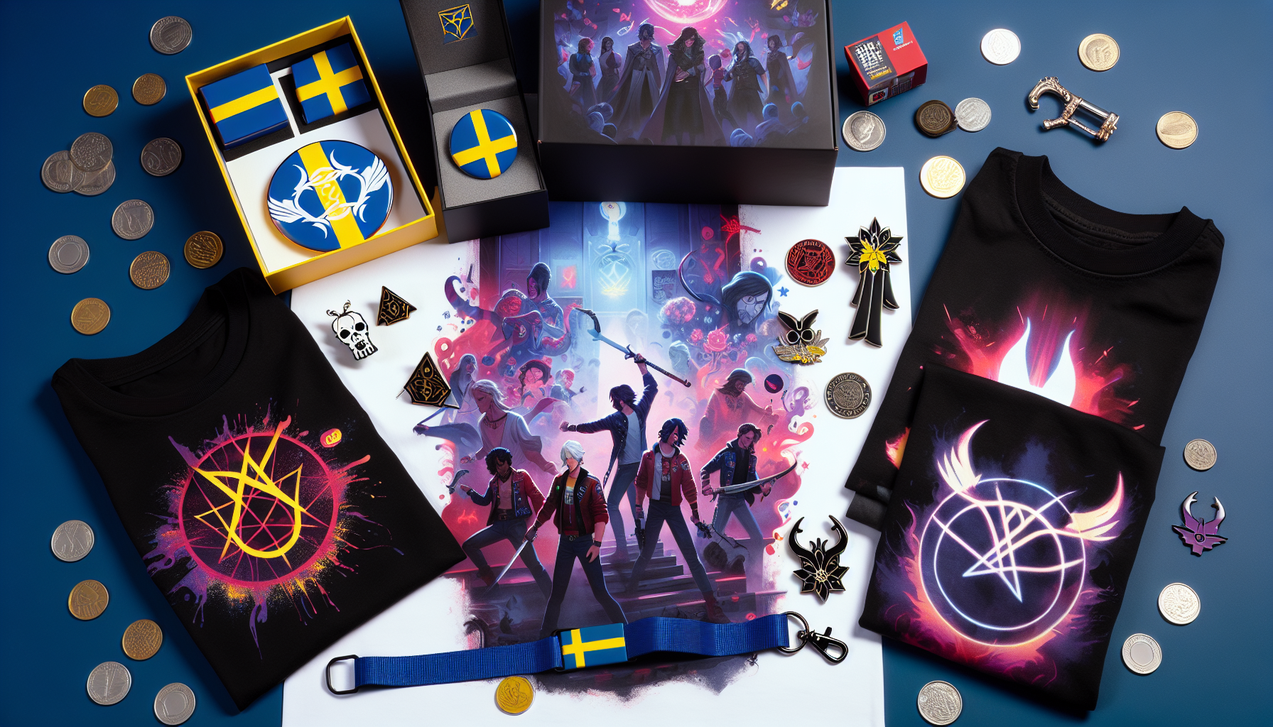 Flat lay of KPop Demon Hunters merch: graphic t-shirt, collectible figurine, enamel pins, accessories, and Swedish coins on bright background.