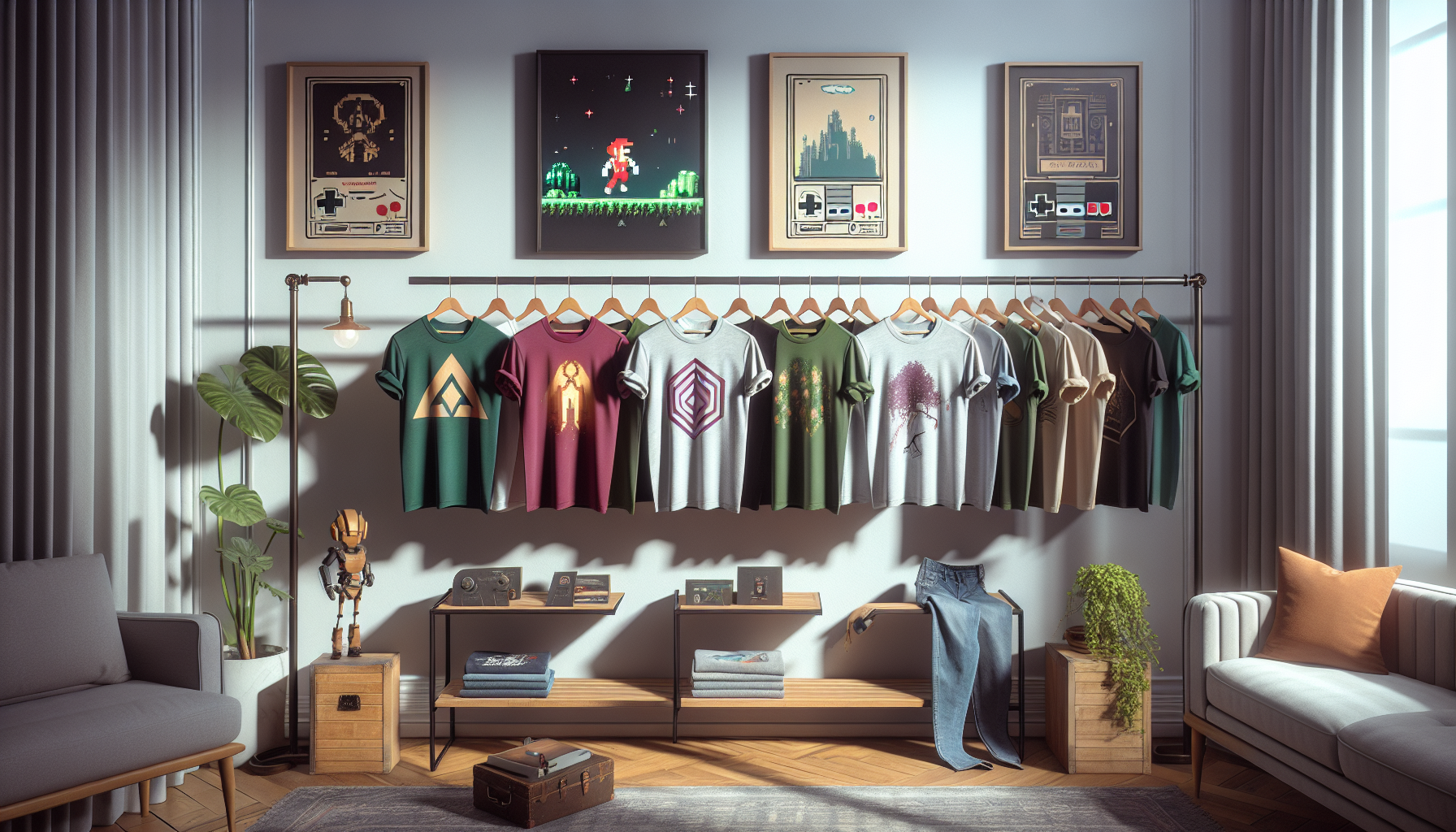 A selection of stylish Nintendo shirts with Mario, Zelda, Animal Crossing, and Donkey Kong prints on a rack in a bright, modern room.
