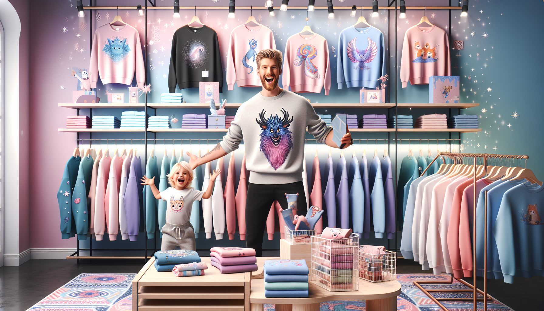 Cozy Swedish shop with My Little Pony shirts, parent and child browsing colorful designs, pastel decor, and magical, nostalgic atmosphere.