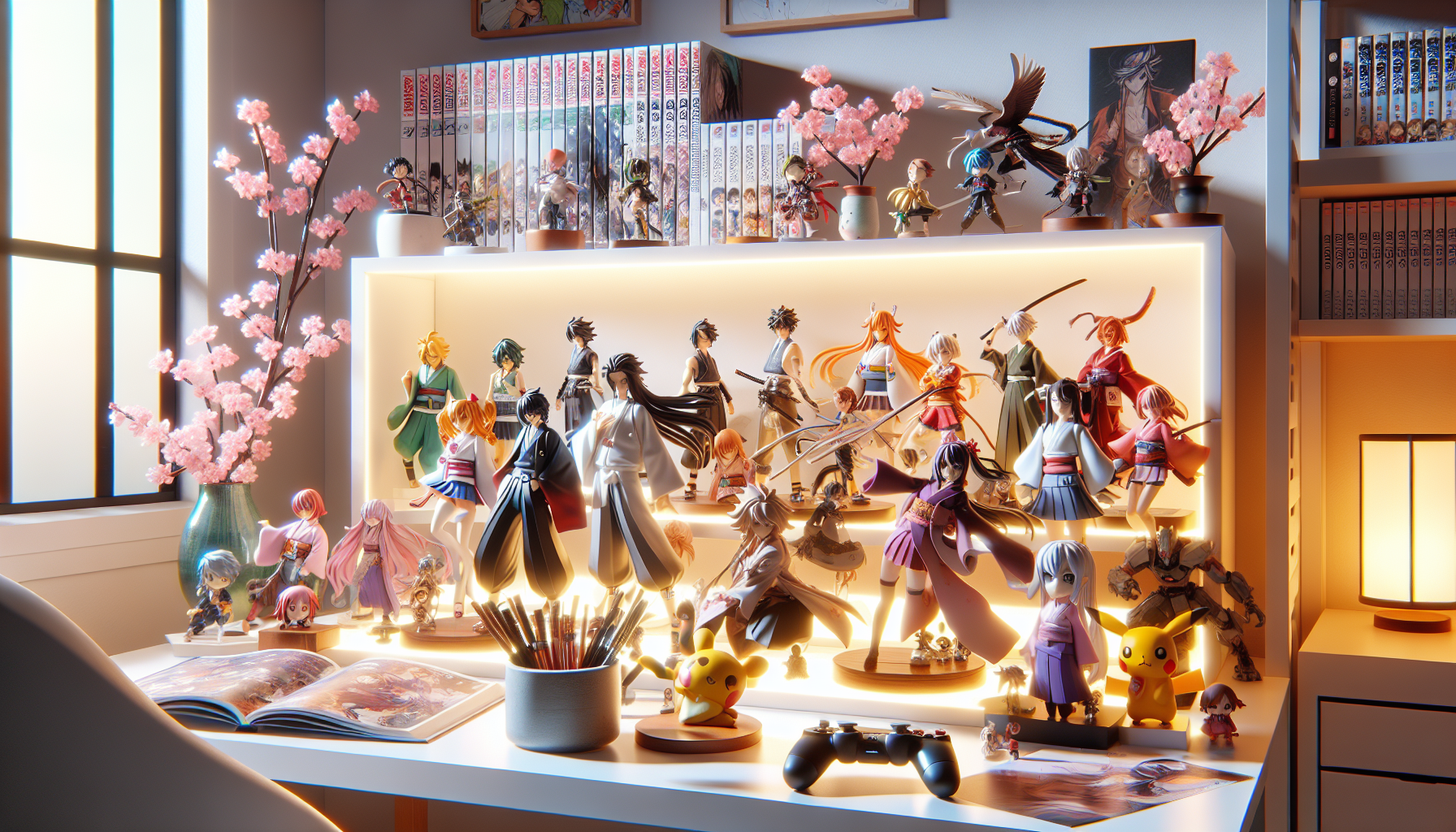 Banpresto anime figures displayed on a modern shelf with manga, game controller, cherry blossoms—Japanese pop culture collectibles blog image.