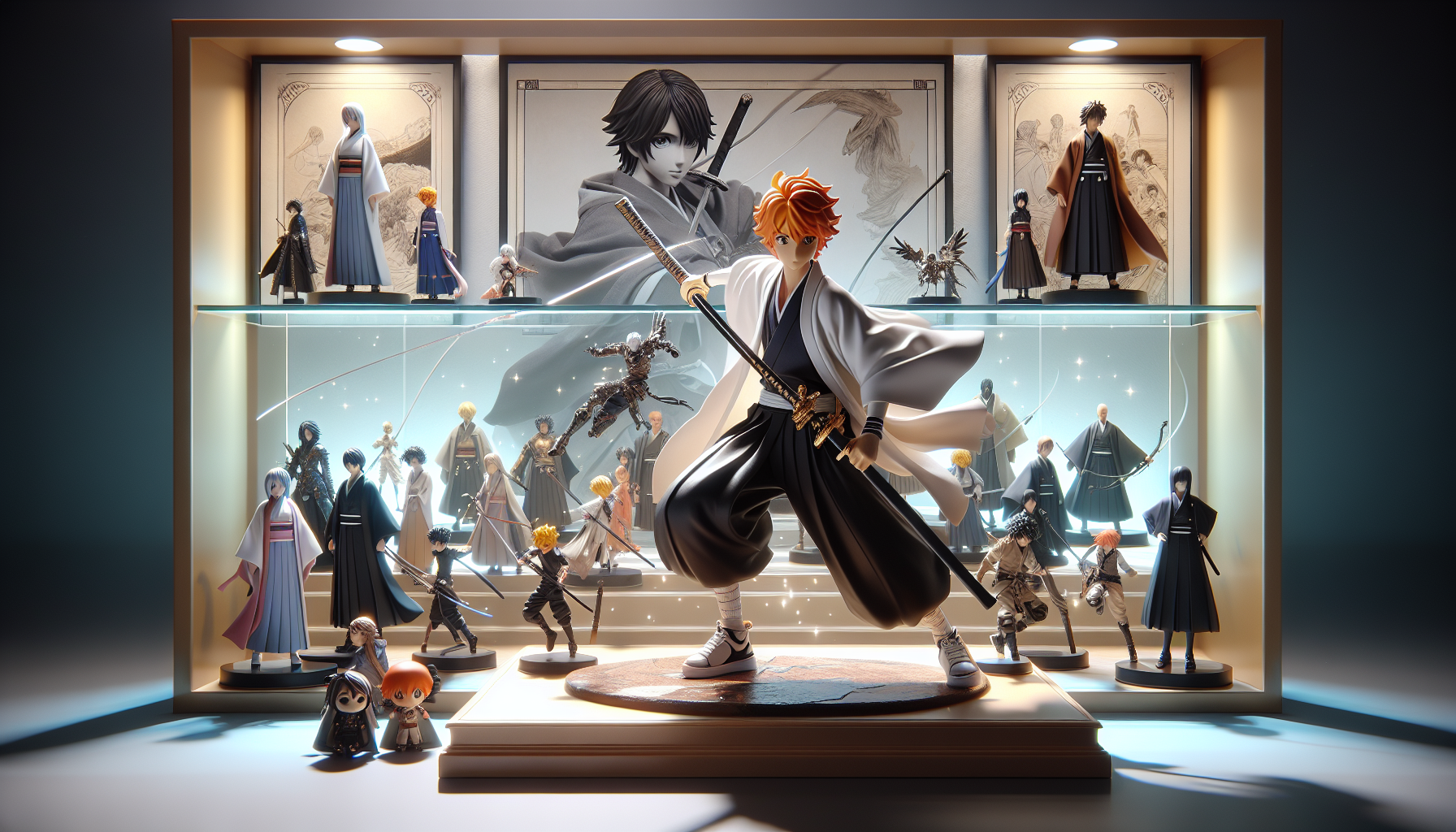 Bleach anime figure display shelf featuring Ichigo Kurosaki, Rukia Kuchiki, and detailed collector figurines with manga panel background.