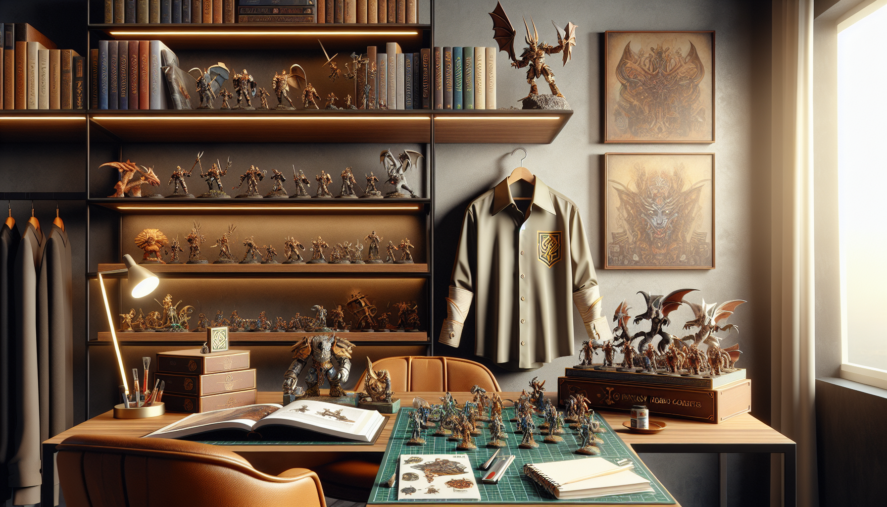 Modern desk displaying Warhammer miniatures, branded t-shirt, board game, paint set, and memorabilia for collectors and hobbyists.