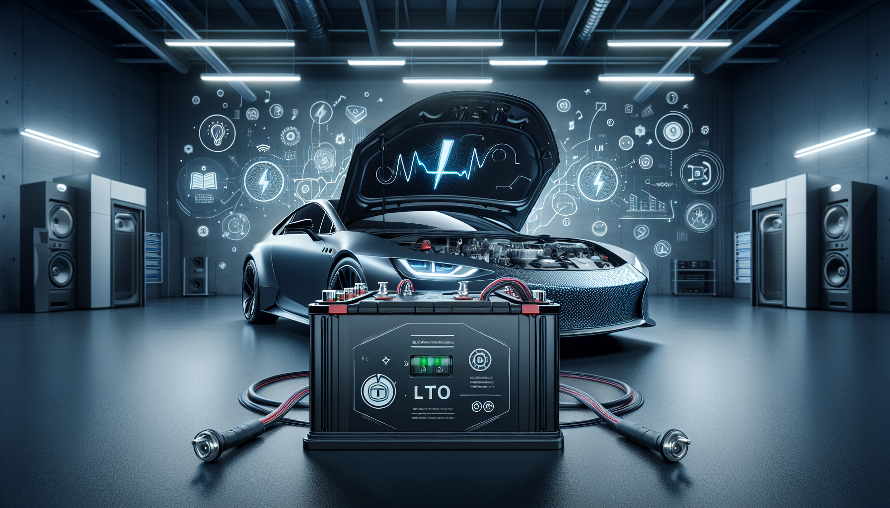 Sleek car in modern garage with open hood showing LTO lithium battery, audio system wiring, and energy flow icons for car audio guide.