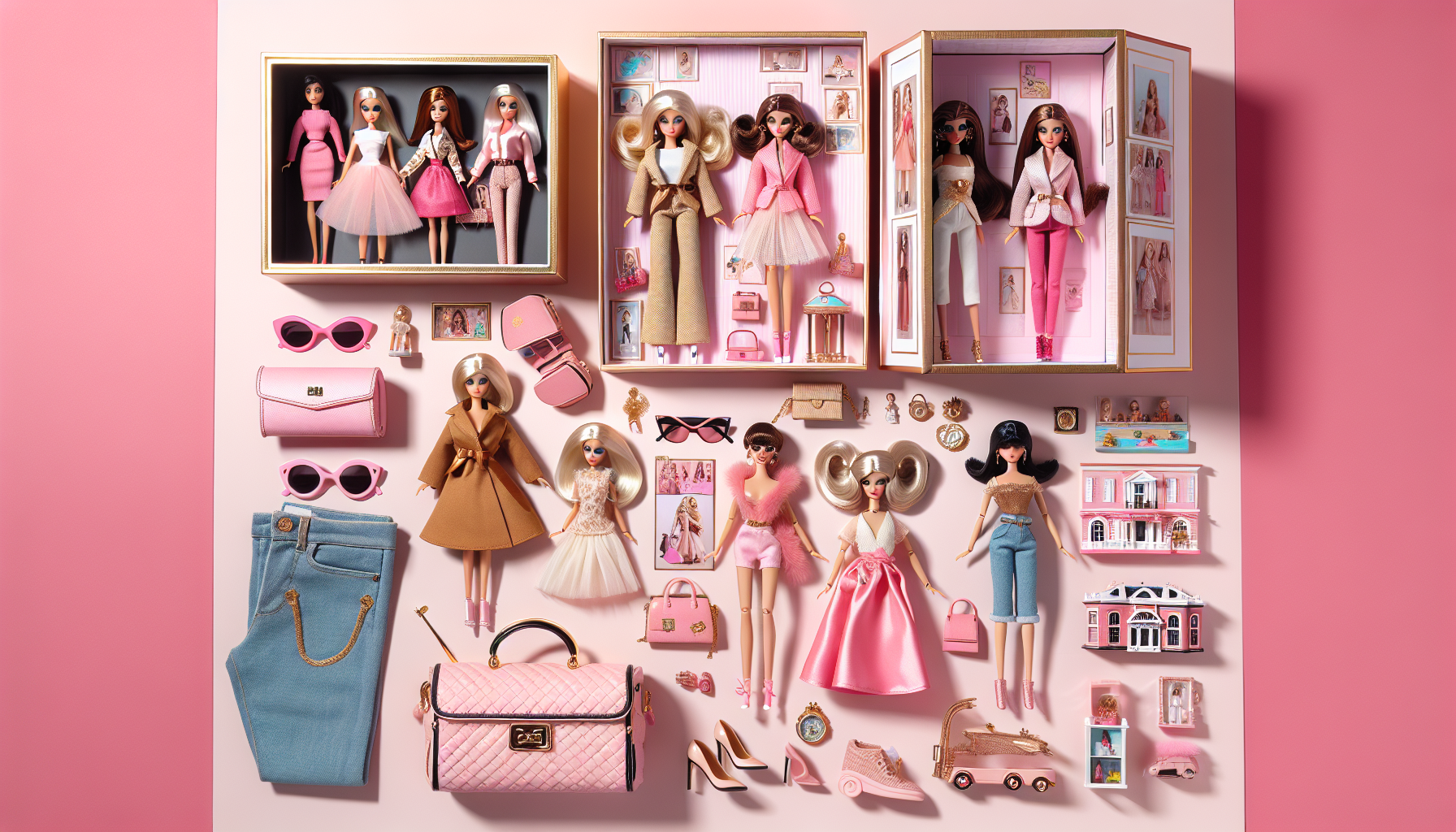 Barbie merchandise flat lay with classic dolls, pink accessories, collector editions, and chic decor on a pastel pink background with gold accents.