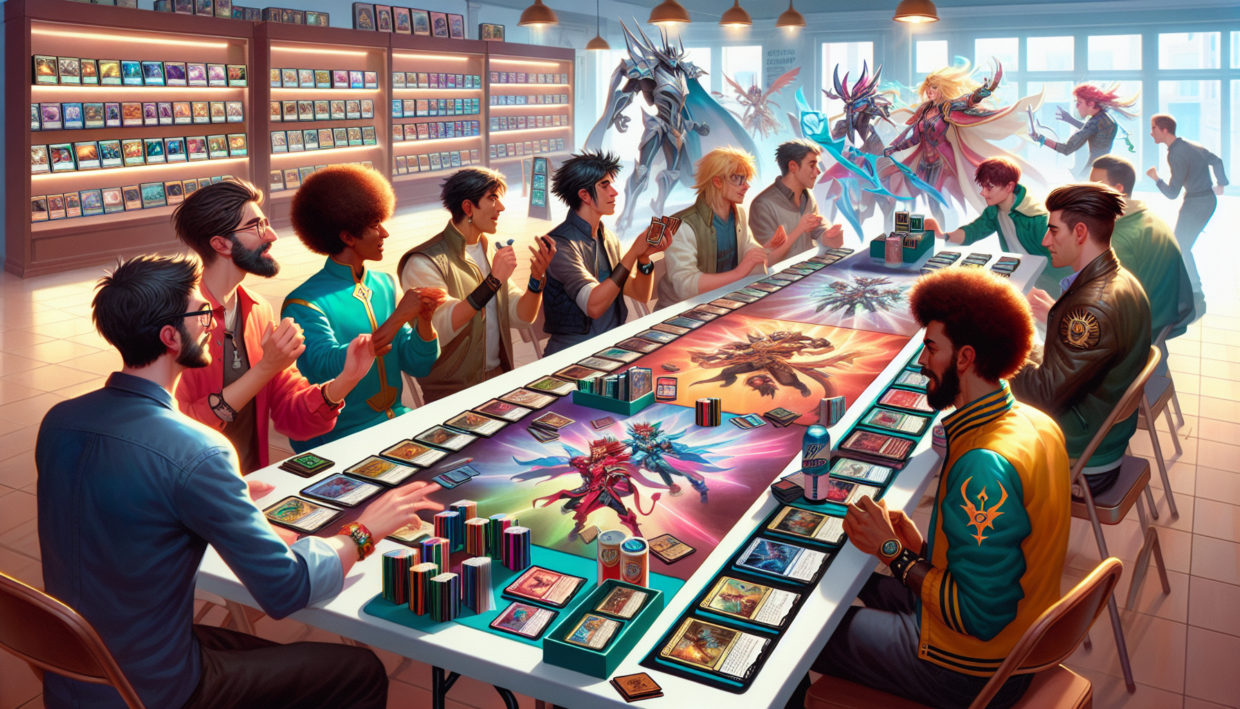 Diverse group playing UniVersus CCG at a lively tabletop gaming space, featuring colorful cards and a vibrant, welcoming community atmosphere.