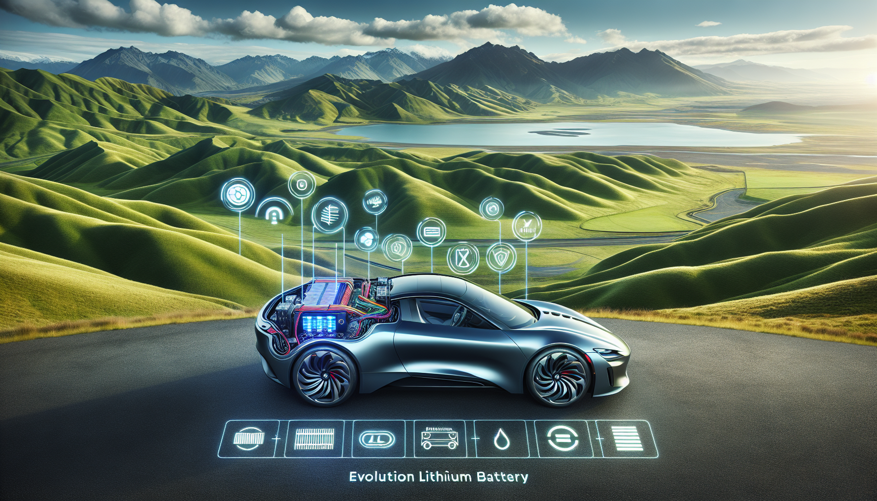 Modern car with hood open showcasing Evolution Lithium and Zeroflex audio battery in scenic New Zealand landscape with hills and mountains.
